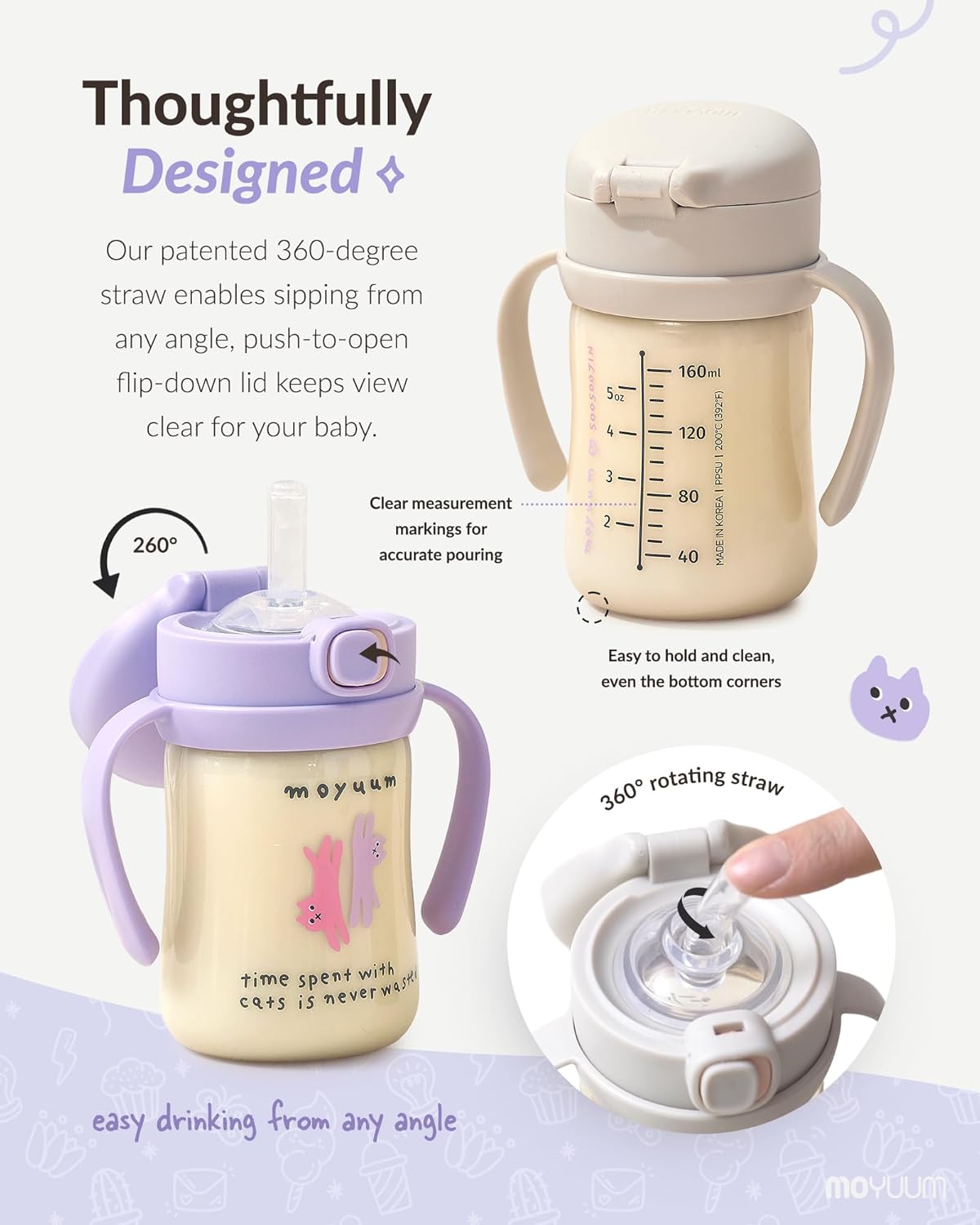 MOYUUM Leak Proof Sippy Cup with Handle | Made in Korea, 100% BPA Free PPSU, Magic No Spill Straw Cup with Attached Flip Top Lid, Easy to Hold for Babies and Toddlers, 9oz Gray - Image 4