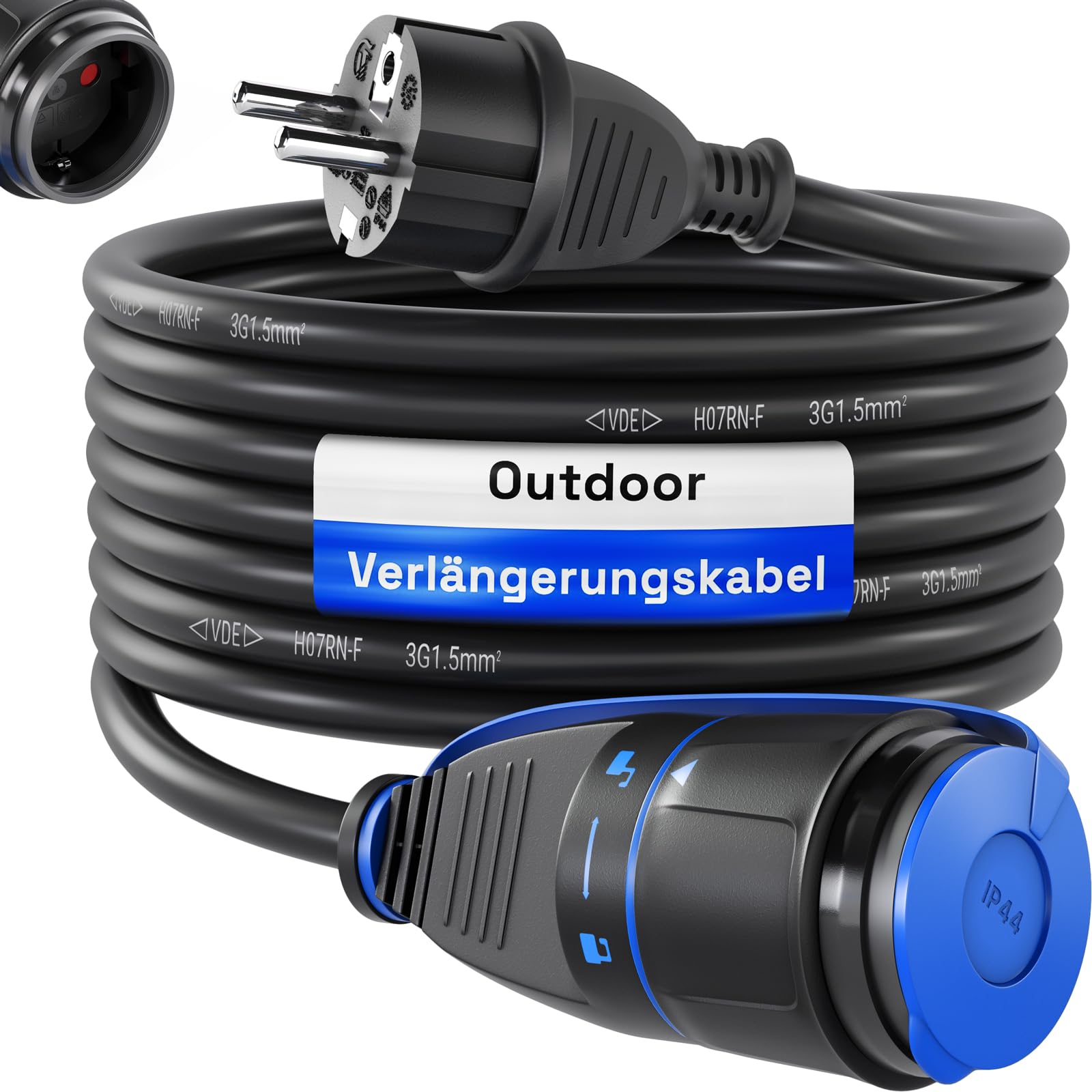 hb-digital Przedłużacz 25m z systemem blokady do użytku na zewnątrz – 250V / 16A, 3500W, HO7RN-F 1,5mm², IP44, wtyczka i gniazdo Schuko – czarny