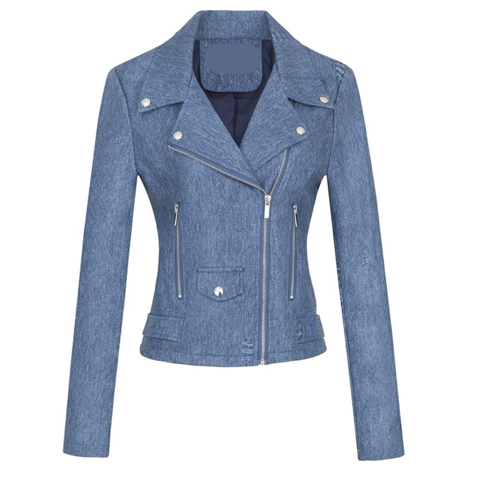 QLXYYFC Women's Leather Jacket, Biker Jacket, Transitional Jacket, Leather Women's Jacket - Lapels with Buckle (Color : Blue, Size : XXL)