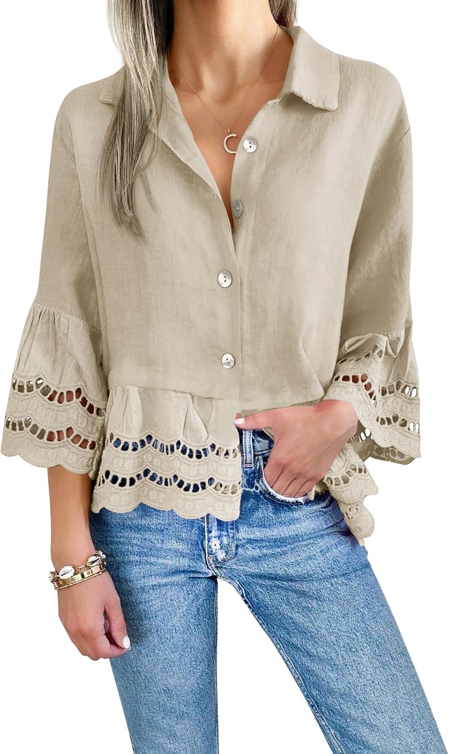Cicy Bell Womens 3/4 Bell Sleeve Button Down Shirts Casual Ruffle Hem Tops Eyelet Blouse