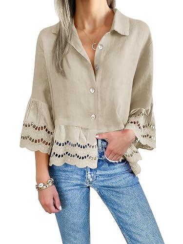 Cicy Bell Womens 3/4 Bell Sleeve Button Down Shirt Casual