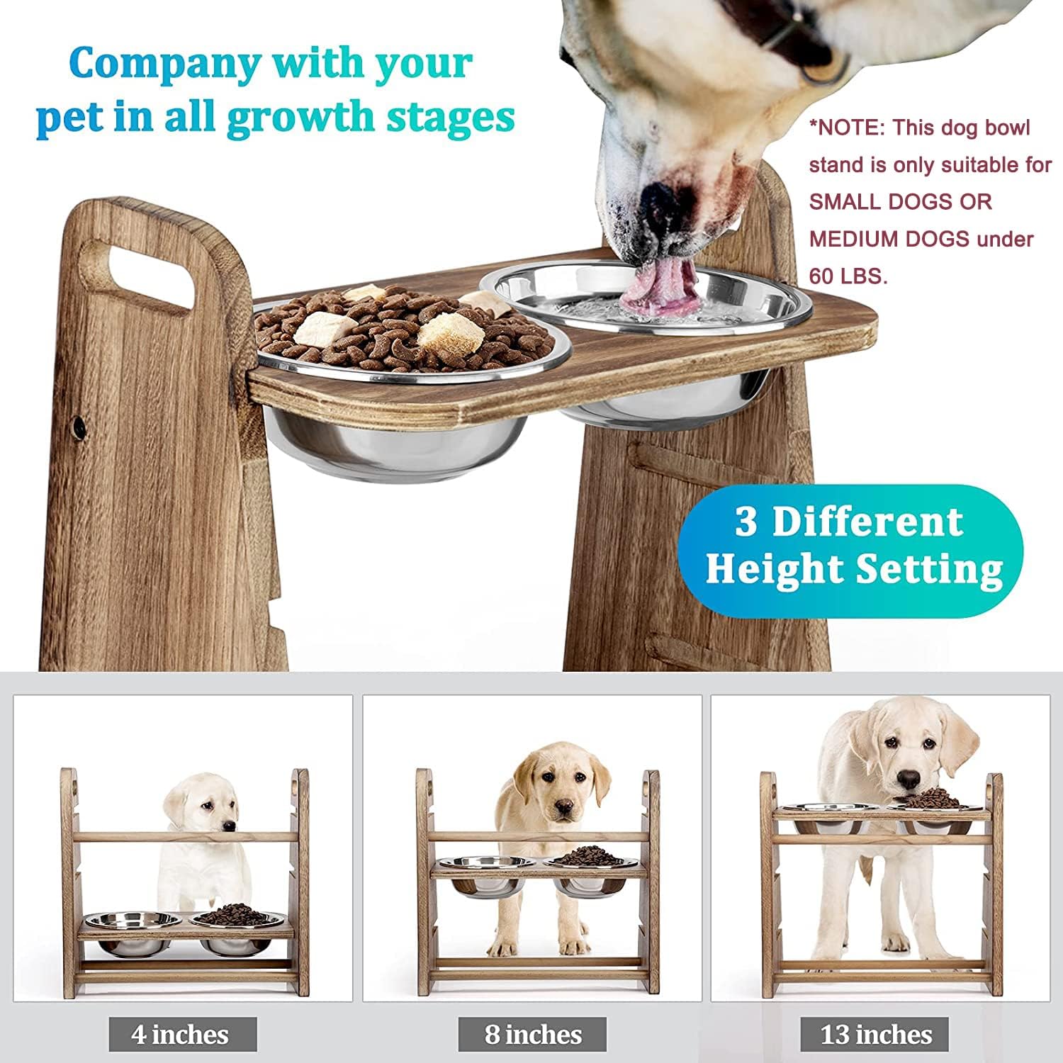 Emfogo Elevated Dog Bowls for Large Dogs, Solid Wood Dog Bowl Stand for Medium Dogs, Adjustable Elevated 3 Heights 5in 9in 13in Raised Dog Bowl Feeder (Carbonized Brown)