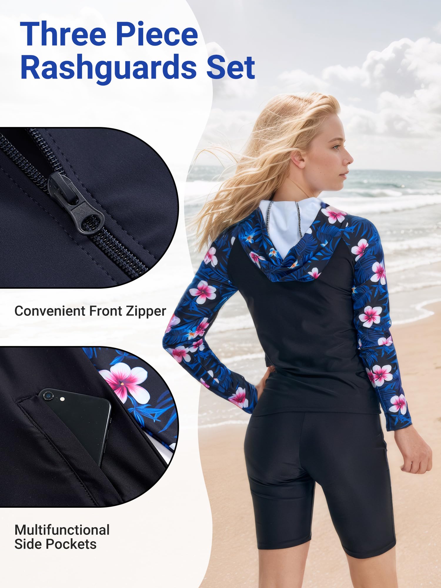 Maillot de bain 3 pièces anti-UV UPF50+ pour femme à capuche, haut bikini et short taille haute, manches longues fermeture éclair