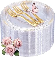 Vista 1 de LIYH 200 Piezas Platos de Postre de Plástico Transparente Dorado 7.5" y Tenedores para Pastel 5" - Platos de Plástico Pequeños Transparentes