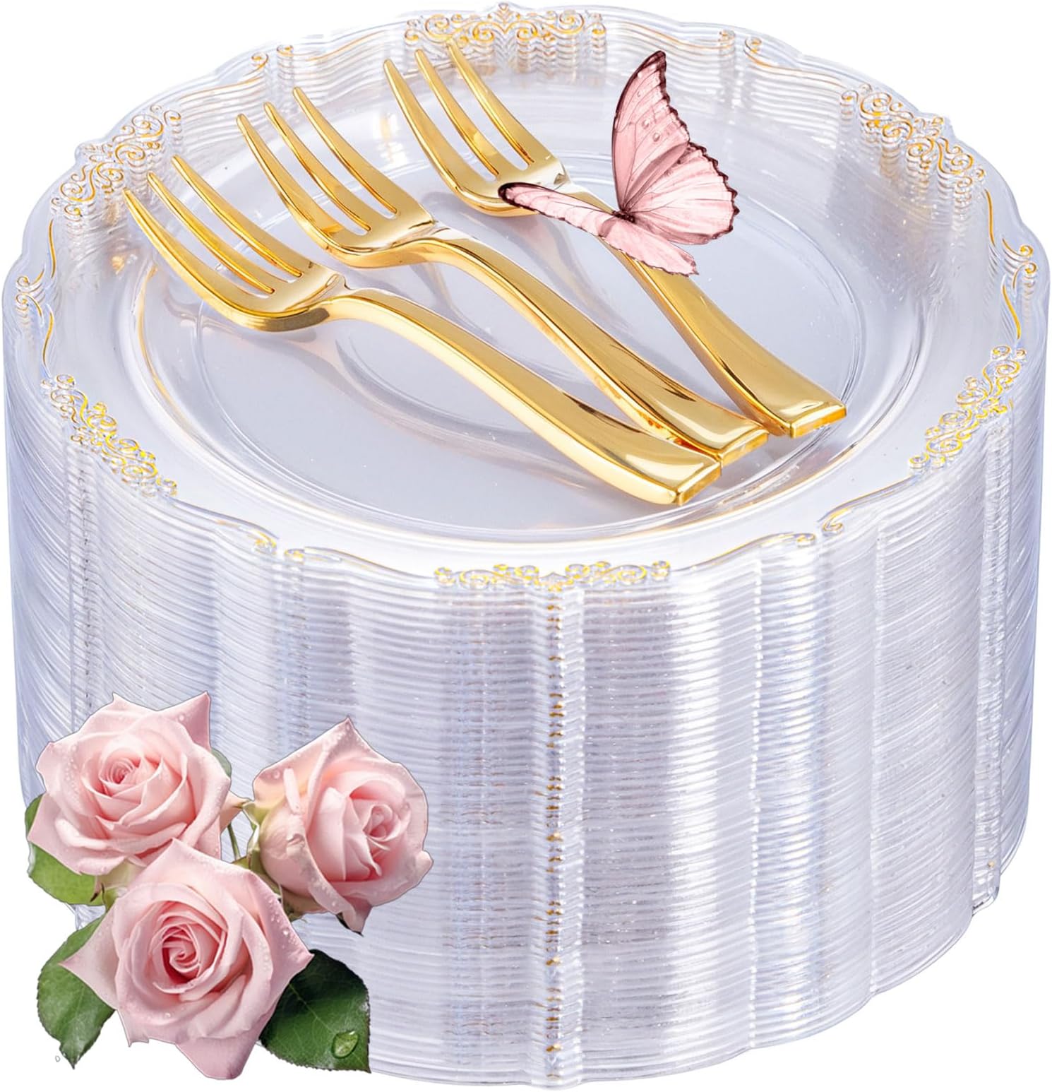 LIYH 200 Pcs Clear Gold Plastic Dessert Plates 7.5"and Cake Forks 5" - Clear Small Cake Plastic Plates and Gold Forks for Parties Wedding Birthday