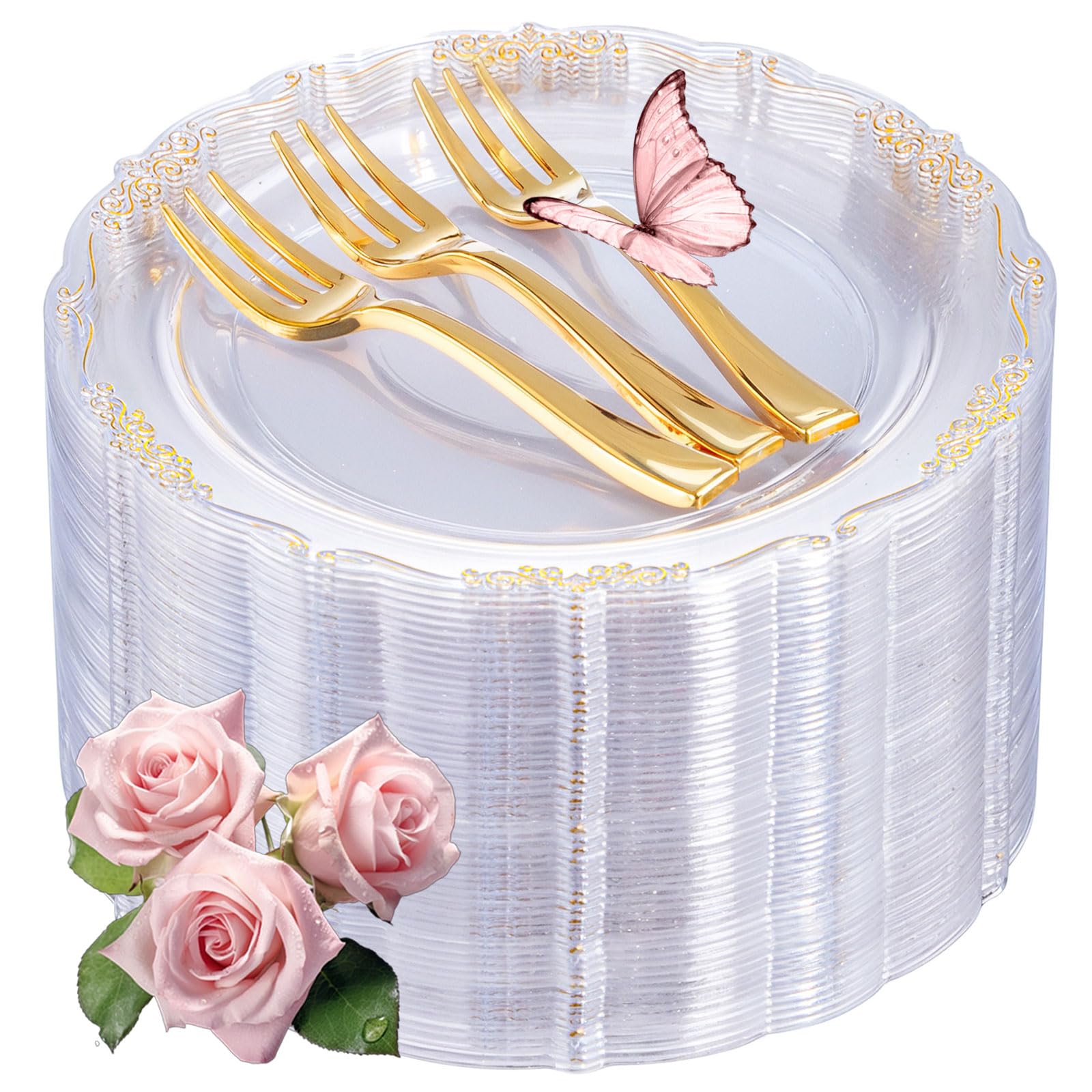 LIYH 200 Pcs Clear Gold Plastic Dessert Plates 7.5"and Cake Forks 5" - Clear Small Cake Plastic Plates and Gold Forks for Parties Wedding Birthday