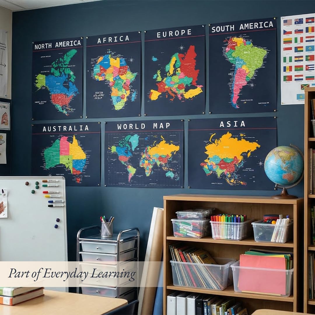 Lot de posters avec carte du monde et carte des États-Unis – Décoration murale éducative pour salle de classe – Continents bleus – Affiches d'aide à l'apprentissage visuel pour enfants et écoles –