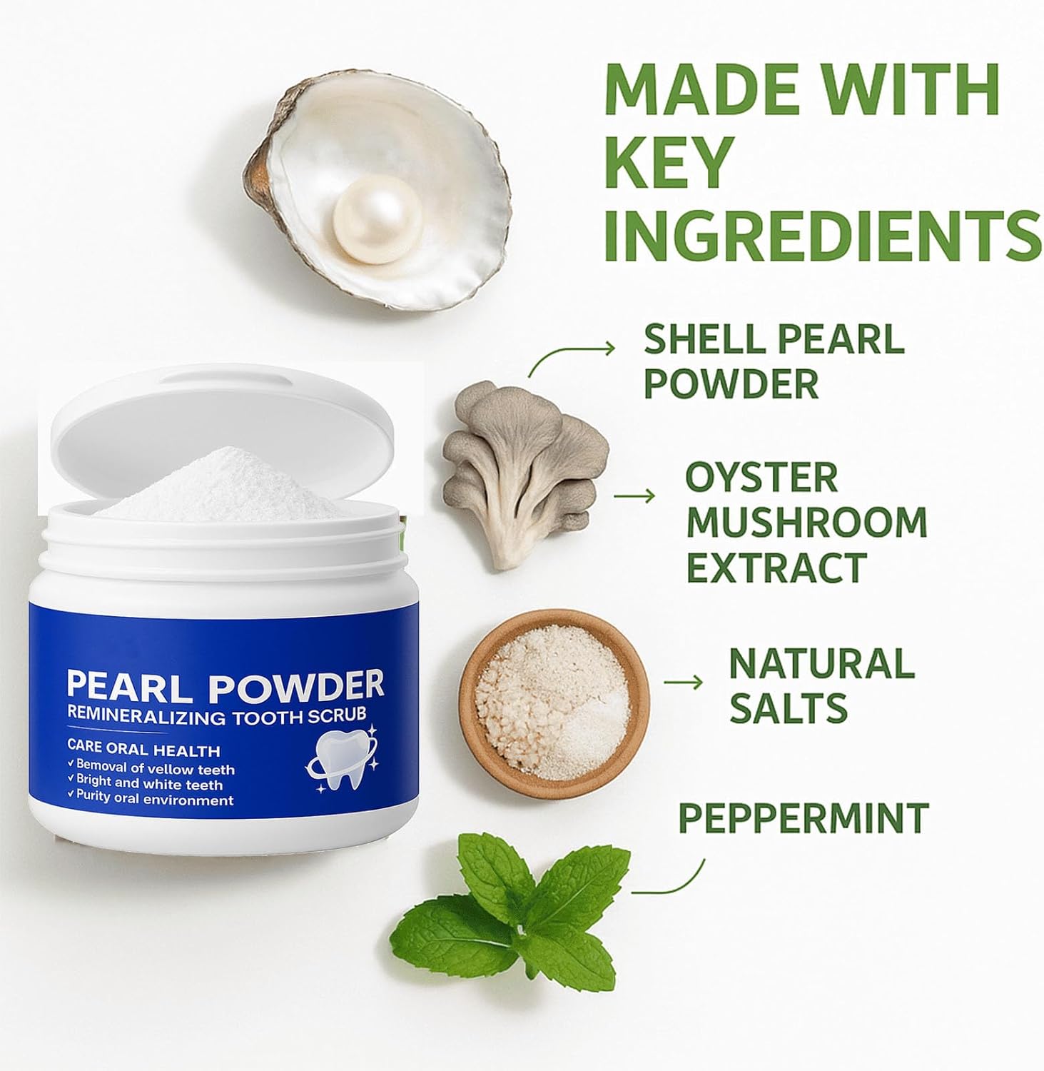 Pearl Powder Remineralizing Tooth Scrub – Natural Teeth Powder for Whitening, Enamel Strengthening & Brighter Teeth – Fluoride-Free Tooth Polish, Fresh Breath, 1.1 oz Jar (1)