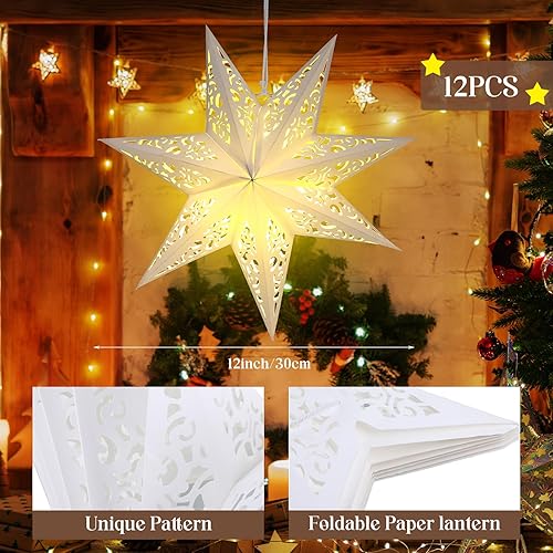 Miniatura 9 de Retisee 12 faroles de papel de Navidad de 14 pulgadas con 7 luces puntiagudas, copos de nieve, estrella de papel marroquí con 12 luces LED para