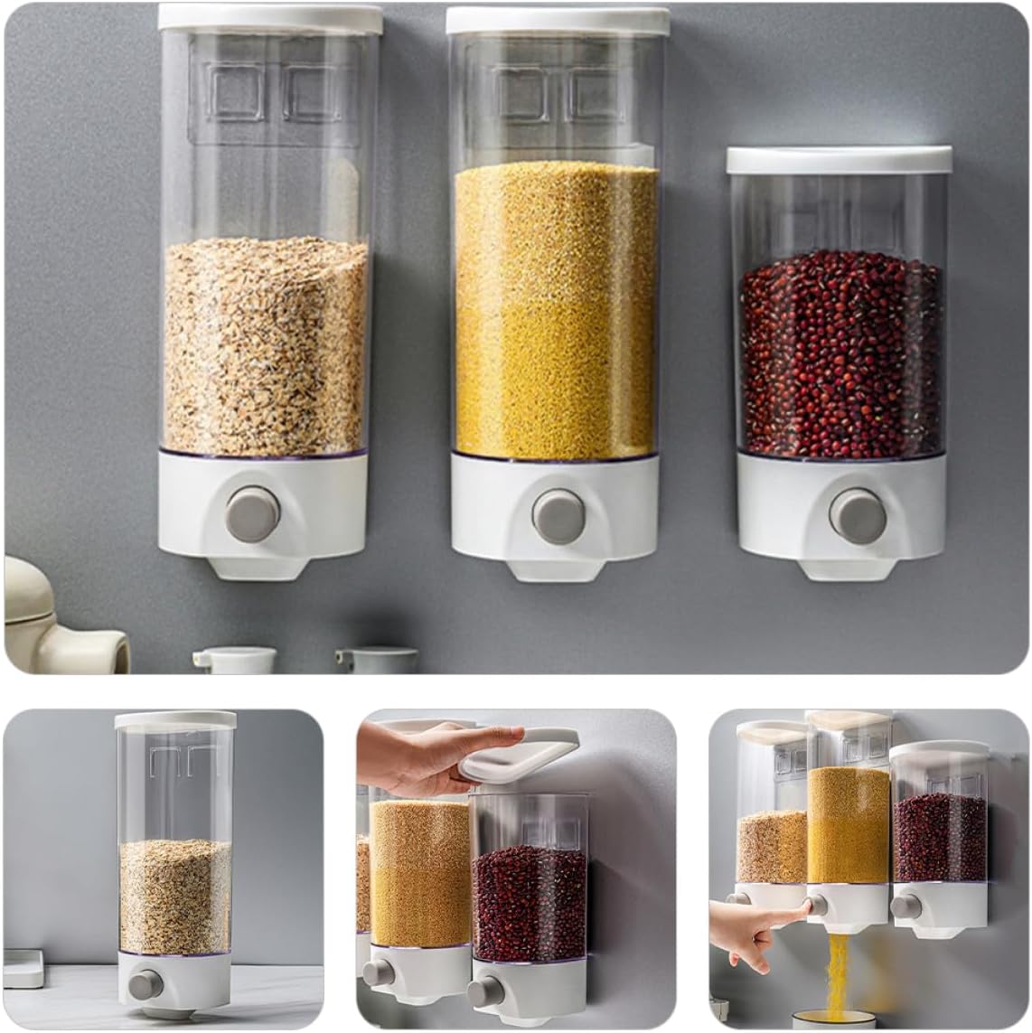 GLEAVI 2pcs Airtight Dry Food Dispensers with Wall-mount, Grain Storage Containers for Coffee Beans and Flour, 1l 1.5l Kitchen Storage Jars for Pantry Organization