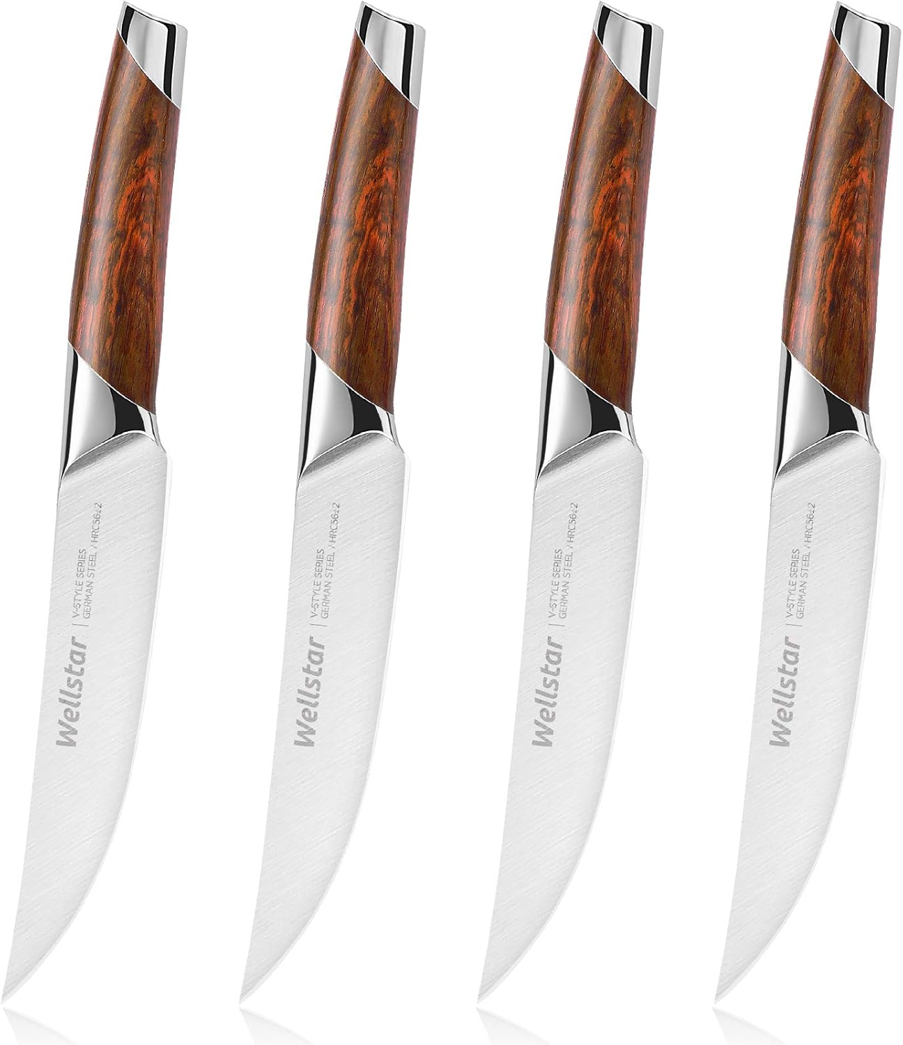 WELLSTAR Steak Knives Set of 4, Non-serrated 5 Inch Kitchen Table Knife with Razor Sharp High Carbon German Stainless Steel Forged Blade and Natural Rosewood Handle in Gift Box, V-Style Series