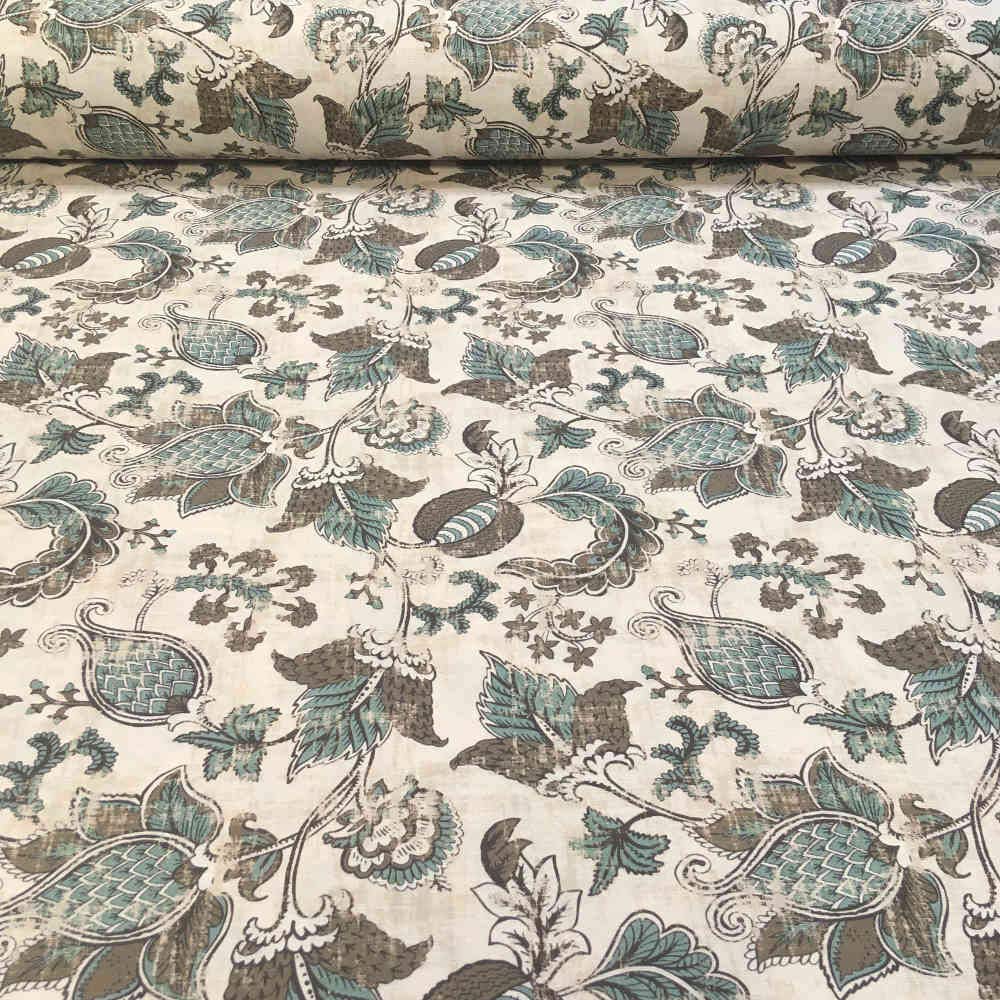 Kt KILOtela - Tela de loneta estampada digital - Retal de 300 cm largo x 280 cm ancho | Flores indianas - Marrón, verde ─ 3 metros