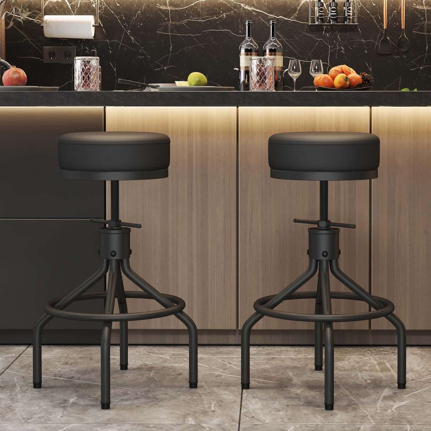 Counter Height Bar Stools Set of 2 Adjustable Swivel Barstools Modern PU Leather 28inch Round Backless Metal Industrial Stool Bar Chair for Kitchen Island (D017-Black-2)