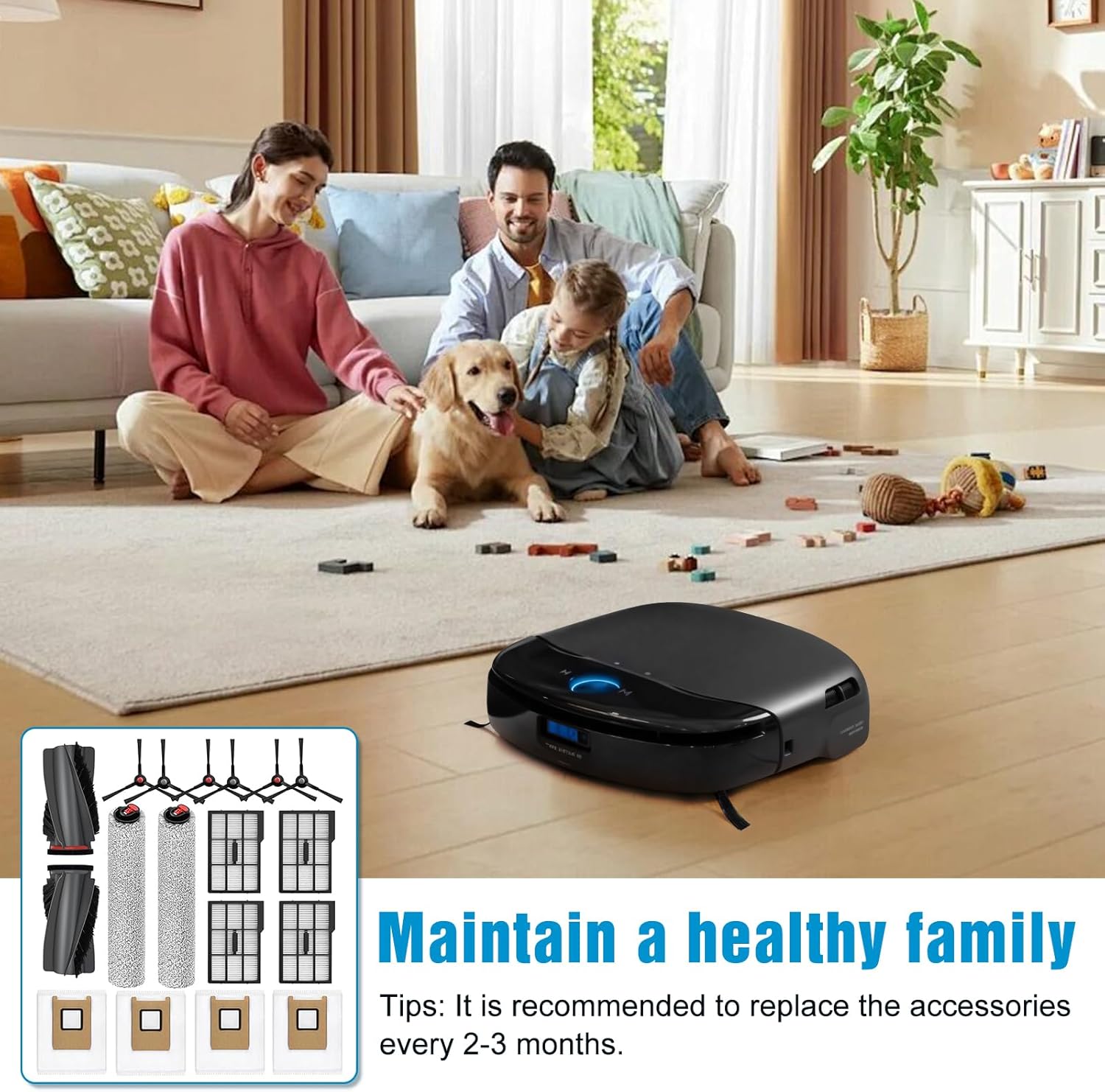 17-Pack Replacement Parts Kit Compatible with eufy E28 Omni / E25 Omni Robot Vacuum Cleaner – Includes Main Brush, Roller Mops, Side Brushes, HEPA Filters & Dust Bags