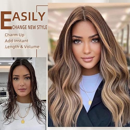 Miniatura 7 de Extensiones de cabello con clip, 6 extensiones onduladas, marrón claro y rubio ceniza, extensiones de cabello grueso que combina bien (20 pulgadas,