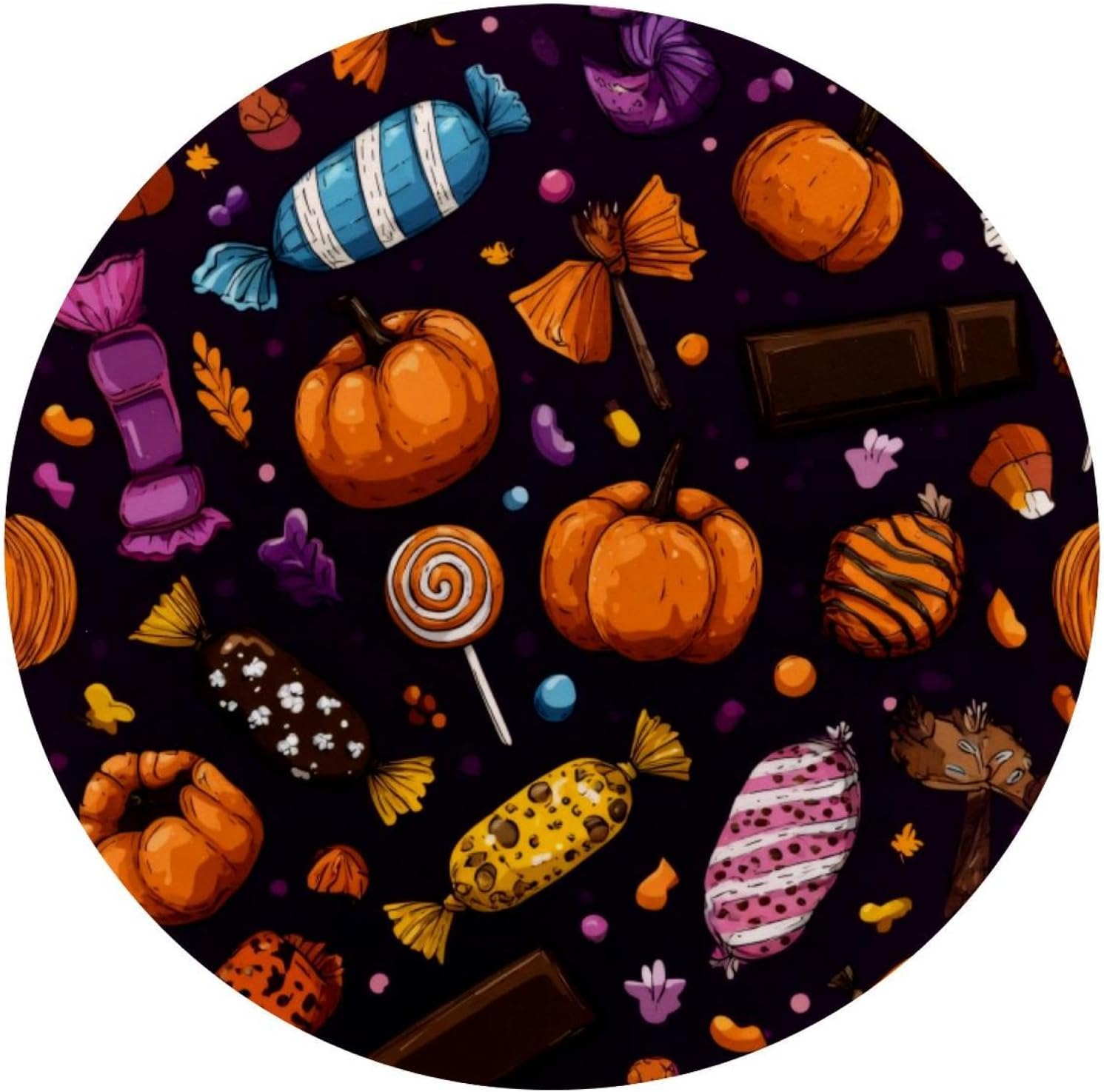 Round Mouse Pad for Women Men, 10’’ Round Desk Pad Mousepad Non-Slip Rubber Base, Office Home Laptop Accessories, Seamless Halloween Candies and Pumpkins