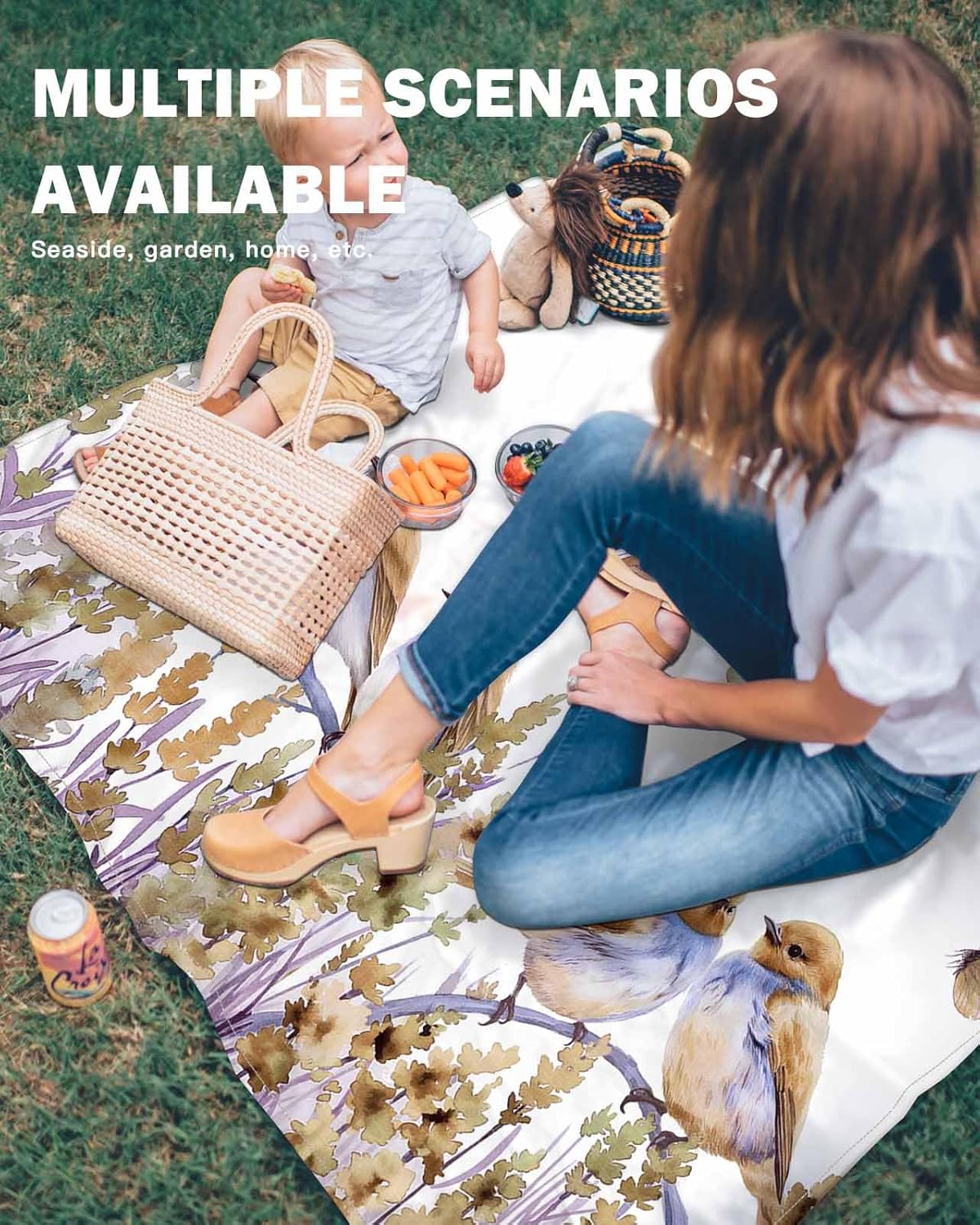 Watercolor Garden Flower Bird Butterfly Beach Blanket Waterproof Sandproof Outdoor Picnic Mat 108"x84" Lavender Floral on White Lightweight Large Beach Blankets with 4 Stake & 4 Corner Pockets