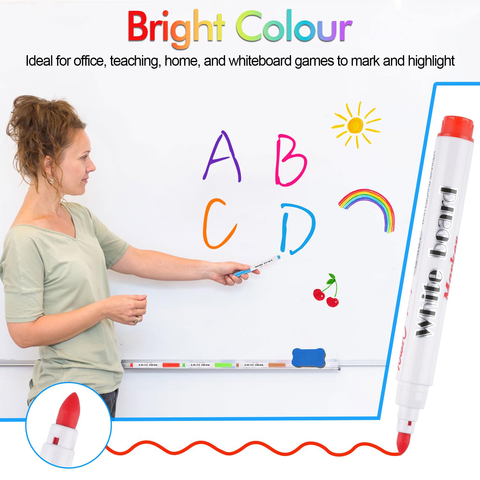 WINKIO White Board Markers Erasable, 12 Color Dry Wipe Whiteboard Pens with Magnetic Erasers - Image 3