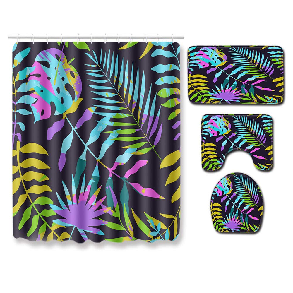 BOYOUTH 4Pcs Watercolor Leaves Pattern Digital Print Shower Curtains Sets with Bath Mat,Contour Rug,Toilet Lid Cover for Bathroom Decor