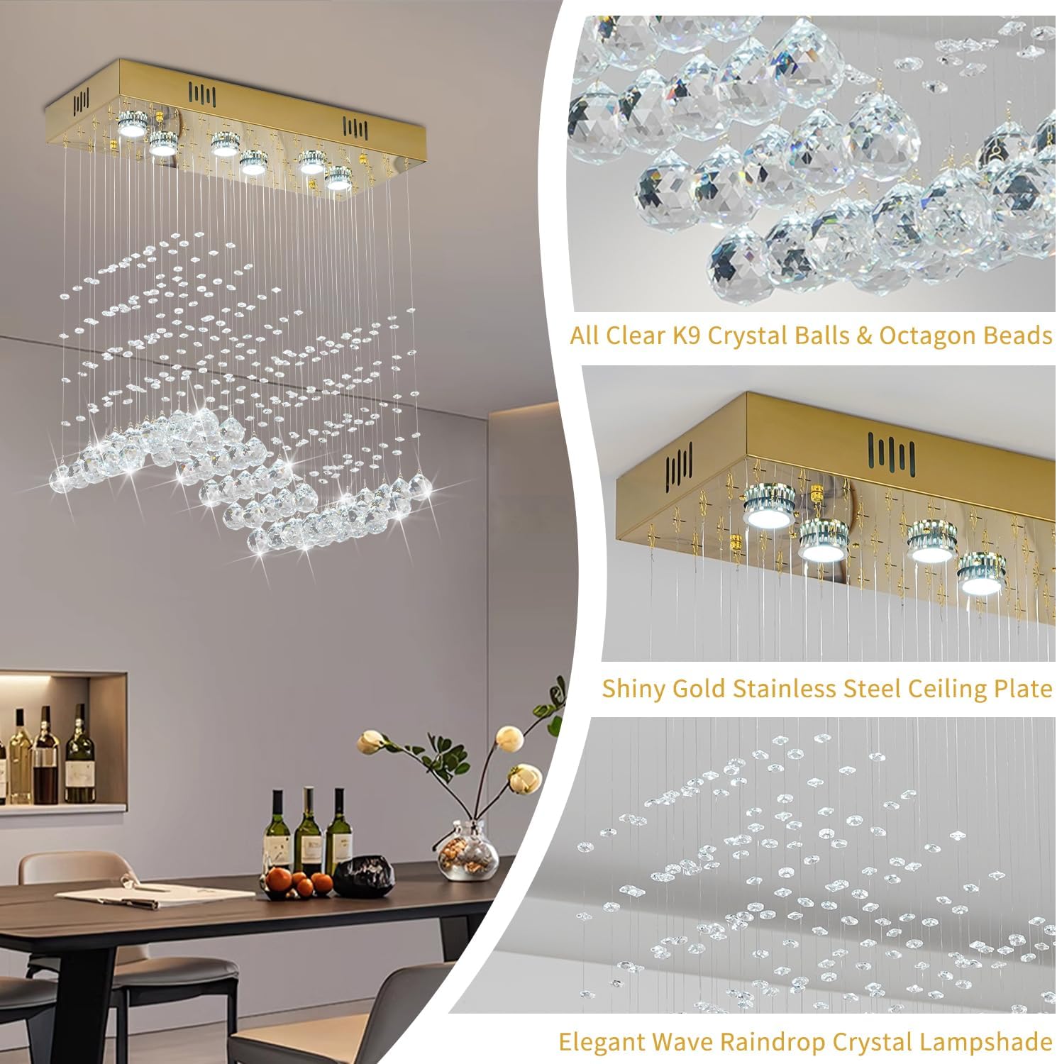 CRYSTOP Modern Gold Wave Rectangular Chandelier for Dining Room Over Table, 6-Lights Raindrop Elegant Ceiling Light Fixture for Kitchen Island, Funny Flush Mount Pendant Light for Kids/Girls Room