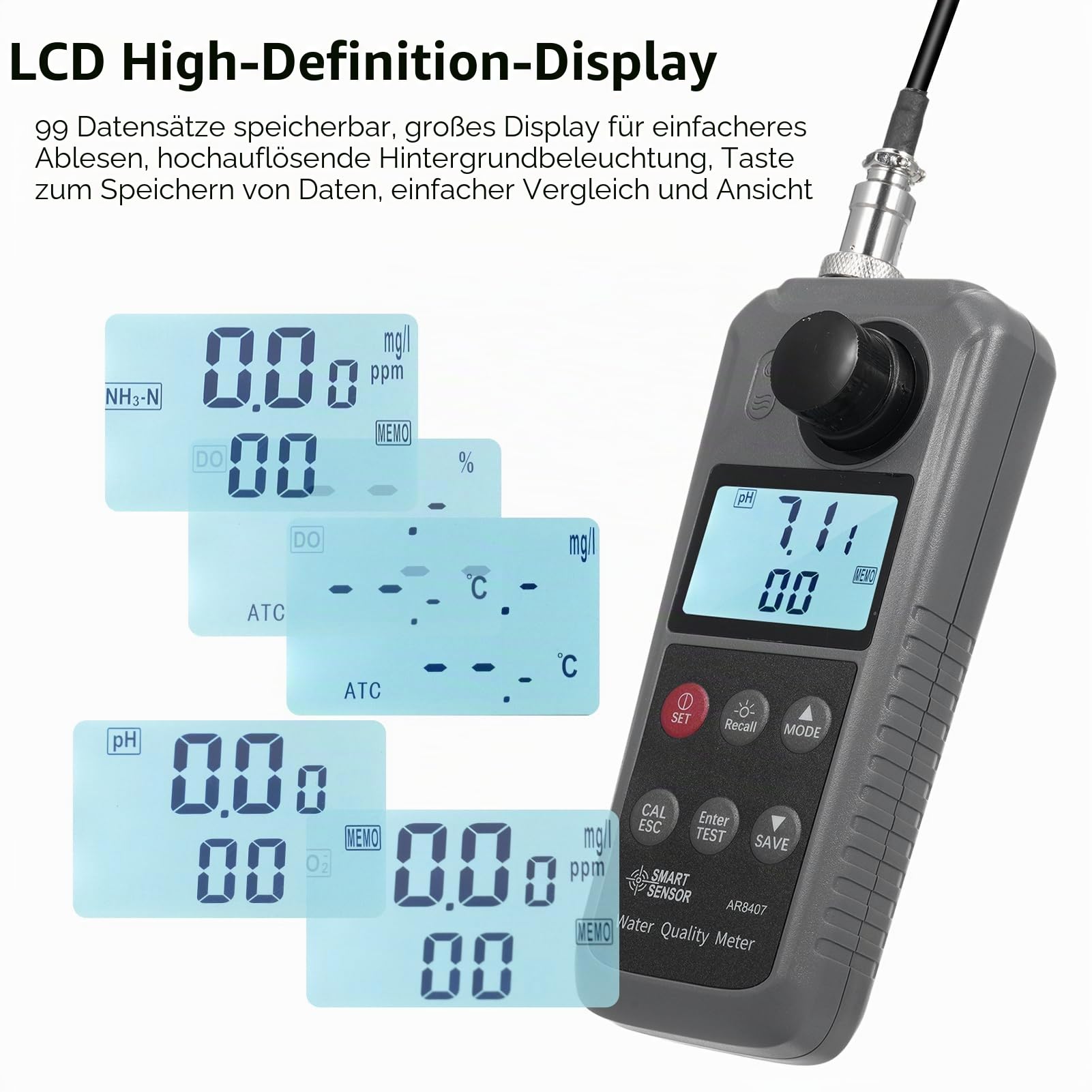 6-in-1 Digitaler Tester für gelösten Sauerstoff, Wasserqualitätsdetektor, pH-Wert, Temperatur, Ammoniak, Stickstoff, giftiges Ammoniak, Nitrit, Messgerät für gelösten Sauerstoff,.