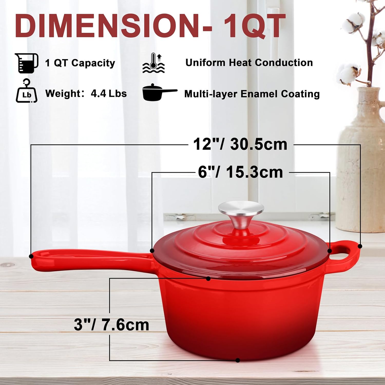 1 Quart Saucepan with Lid, Leonyo Enameled Cast Iron Sauce Pan with Lid, Small Enamel Cast Iron Dutch Oven Kitchen Cookware for All Cooktops Cooking Pasta, Soup, Milk - Up to 500°F & 4.4Lbs, Red