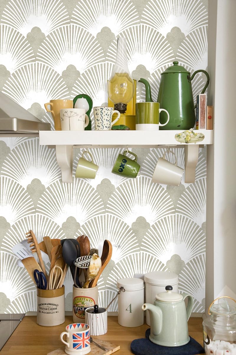 HAOKHOME Art Deco Peel and Stick Wallpaper Vintage Geometric Fan Wall Paper Beige Cream for Bathroom Bedroom Accent Wall Contact Paper 17.3in x 9.8ft