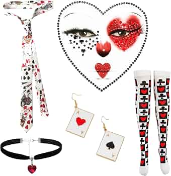 Set Accessori Regina Di Cuori Per Donna – Calze, Cravatta Poker, Adesivo Gemma E Orecchini, Perfetto Per Halloween E Cosplay