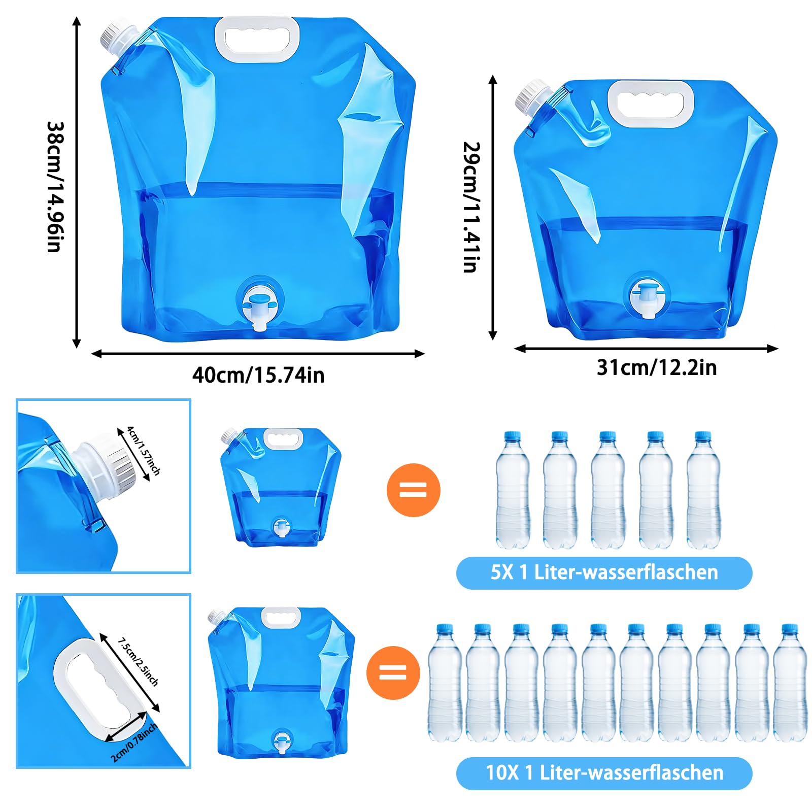 2 Tanica Acqua Con Rubinetto Pieghevoli Set,Tanica Acqua Campeggio 10l/5l,Taniche Per Acqua Con Moschettone E Corda Per Sospensione ,Contenitori Richiudibili Per Festival E Accessori Da Camper