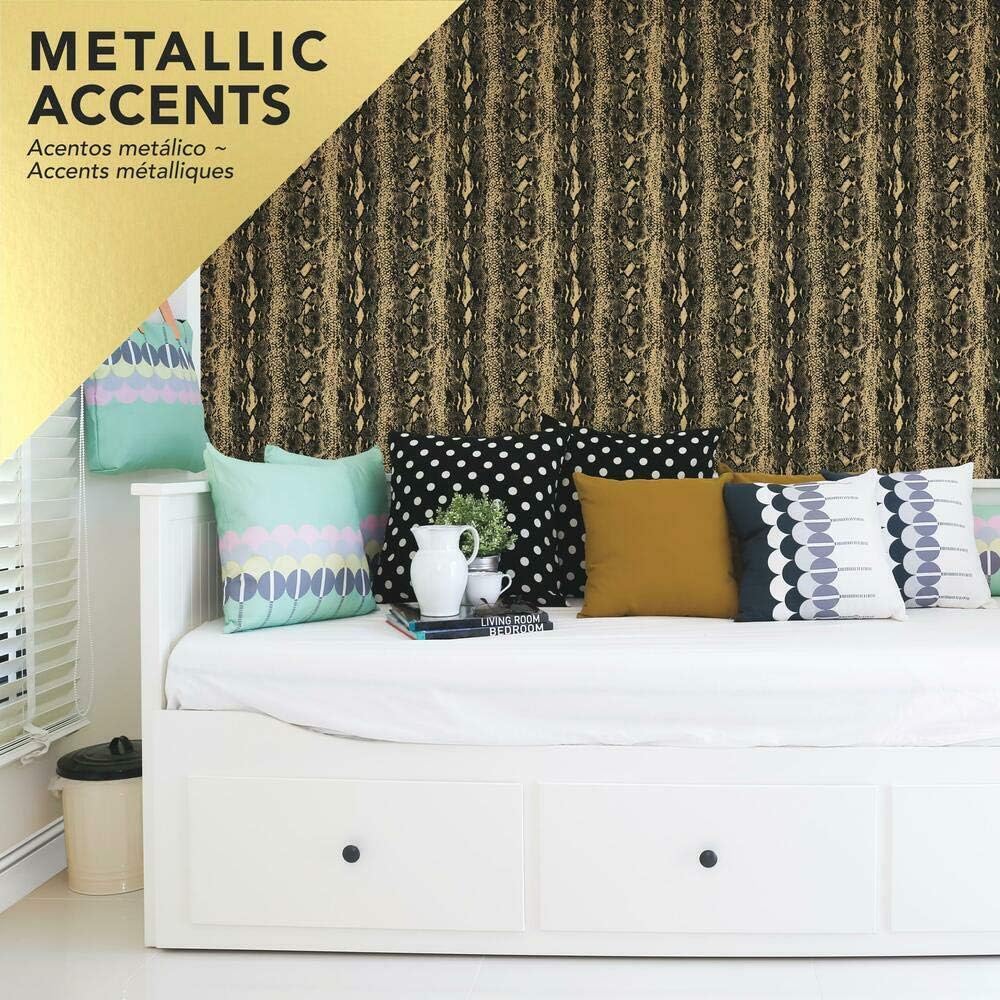 RoomMates RMK10691WP Black and Metallic Gold Snake Skin Peel and Stick Wallpaper