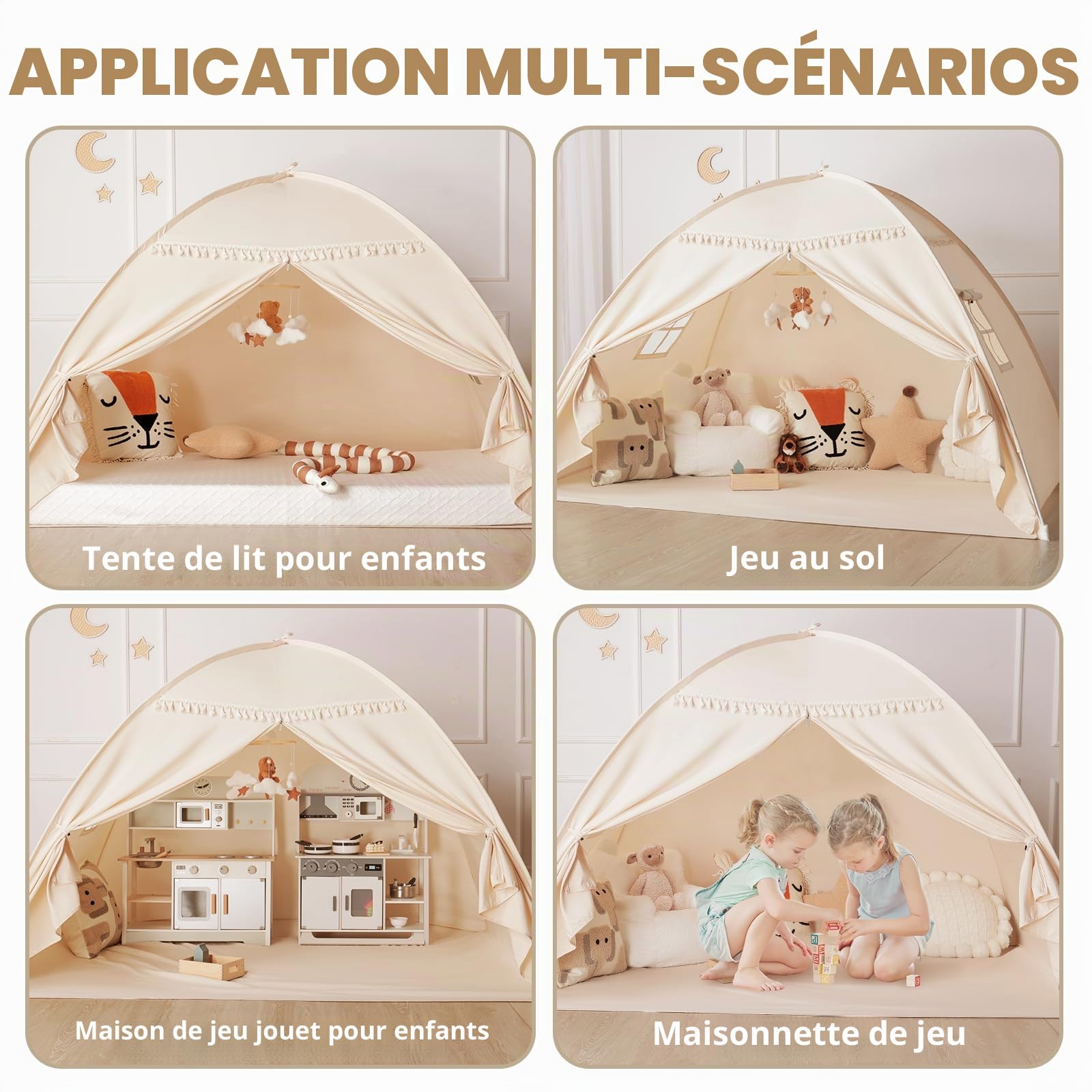 Tentes Tipi d'intérieur pour Enfants : Tentes de Jeu pour Enfants, Lit Jumeau, Tipi pour Garçons et Filles – Maison de Jeu à l'intérieur pour Salle de Jeux (Crème)