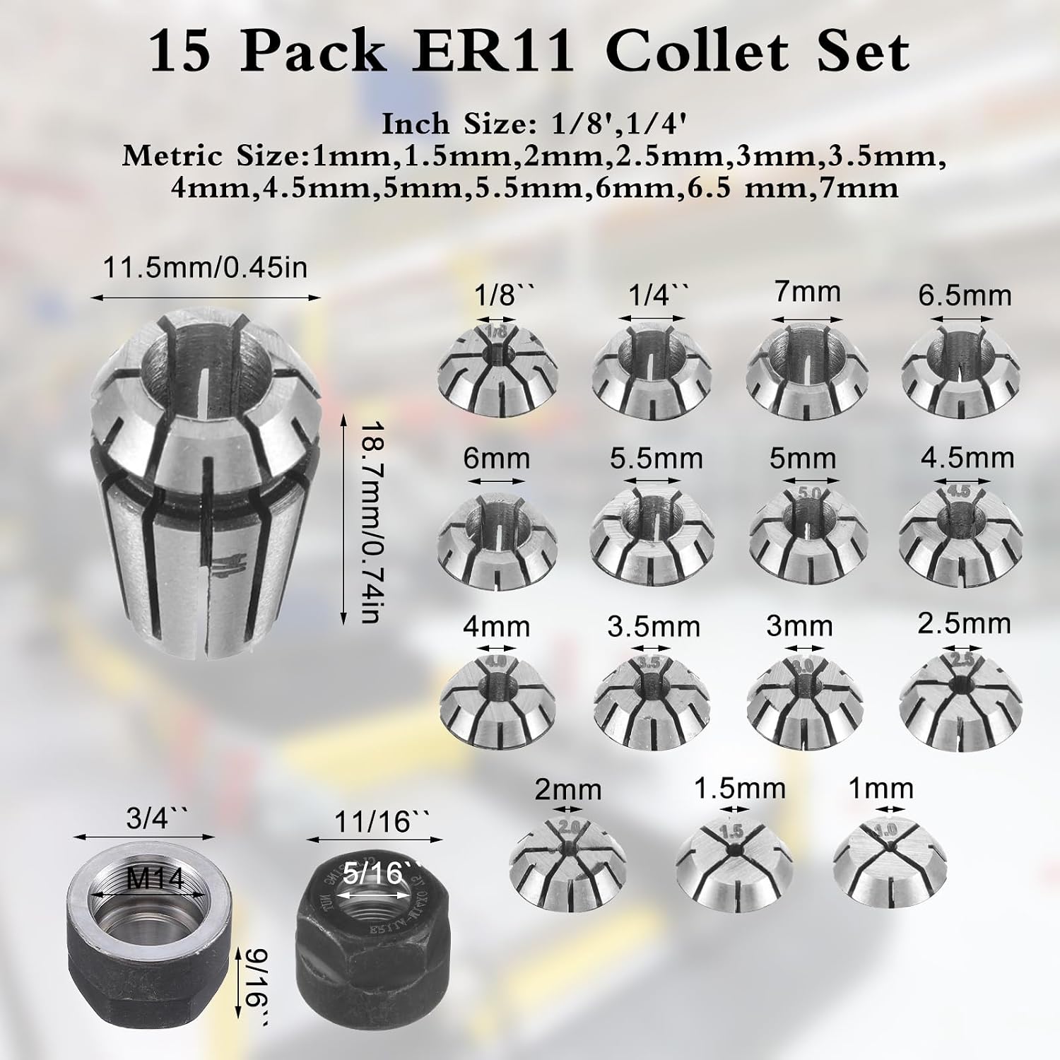 19 Pcs ER11 Spring Collet Set Er11 A M14 Thread Collet Clamping Nuts ER11 Precision Spring Collet Set for CNC Engraving Milling Lathe Chuck Tool, 1.0mm-7.0mm and 1/4, 1/8