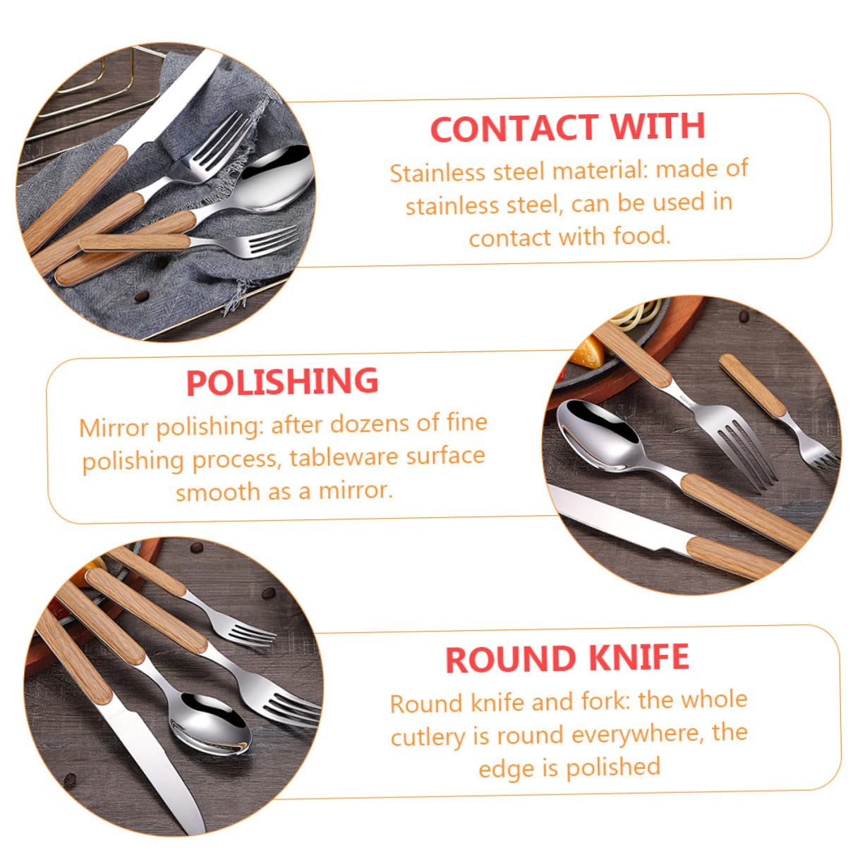 4pezzi Posate Stile Retrò Pz Forchetta Coltello Cucchiaio Manico Legno Lucidato Bordi Ergonomici Resistente