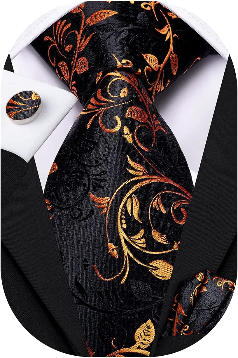 Paisley Floral Ties Set for Men Silk Mens Stripes Necktie Pocket Square Cufflinks Set Formal Business