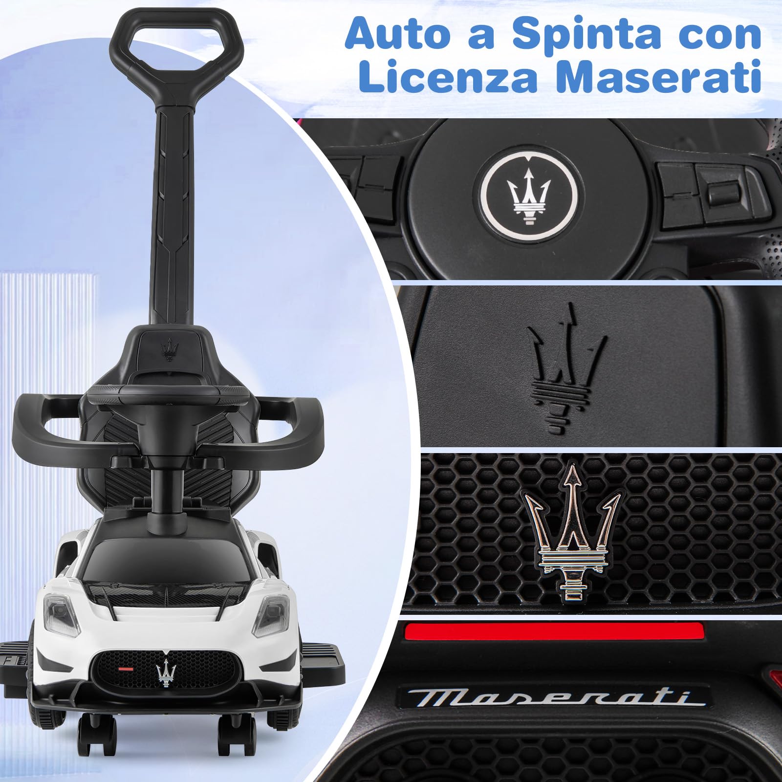 COSTWAY 3 in 1 Maserati Auto da Spinta, Auto Scorrevole con 2 Ruote Universali Volante Musicale Paracolpi e Manubrio, Macchina Cavalcabile con Ripostiglio per Bambini 18-60 Mesi (Bianco)