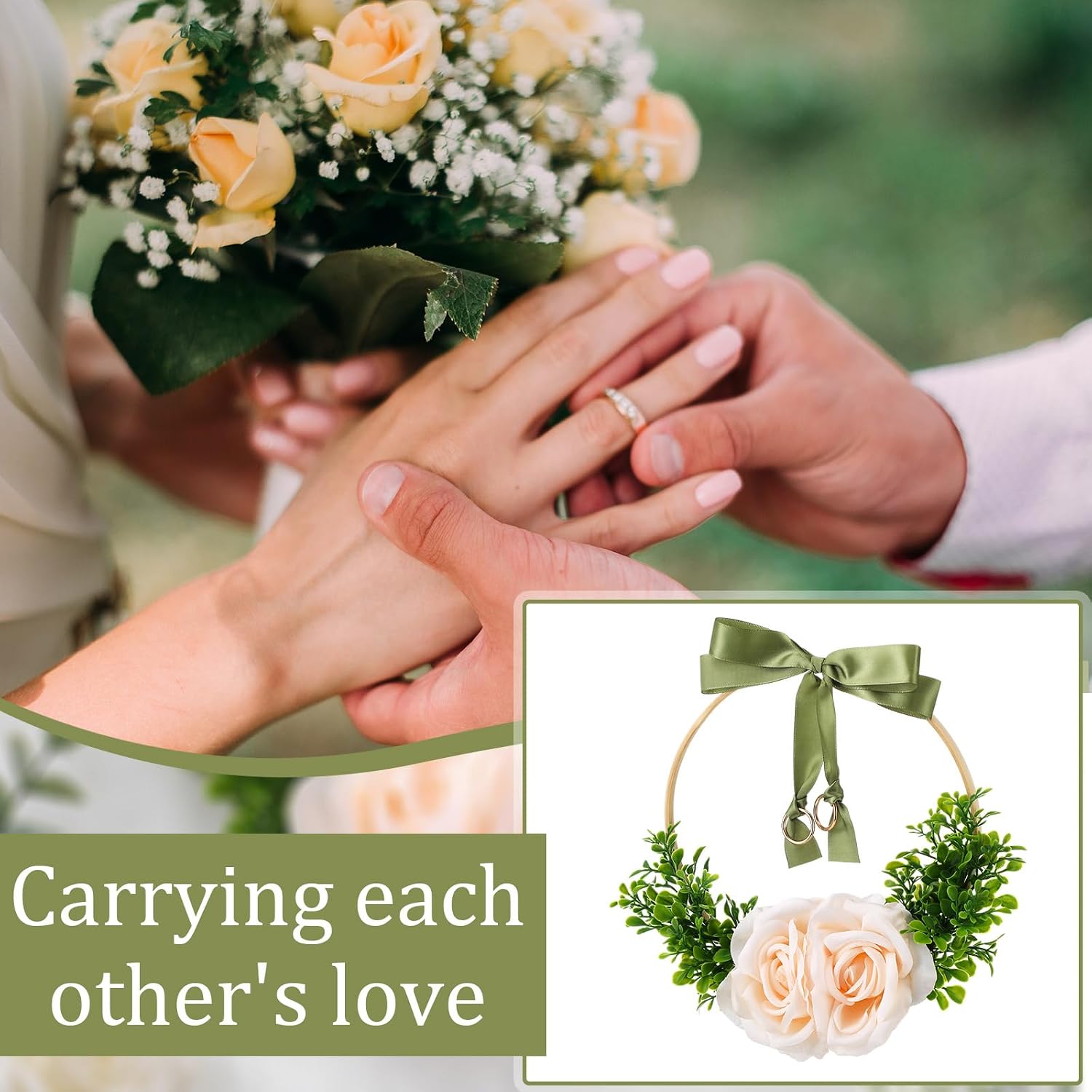 Liliaafar Floral Hoop Wedding Ring Bearer Holder - Elegant Artificial Rose, Eucalyptus & Green Ribbon Bow Decoration, Perfect Ring Pillow Alternative, No Kids Needed, Adult-Only Wedding Ceremony