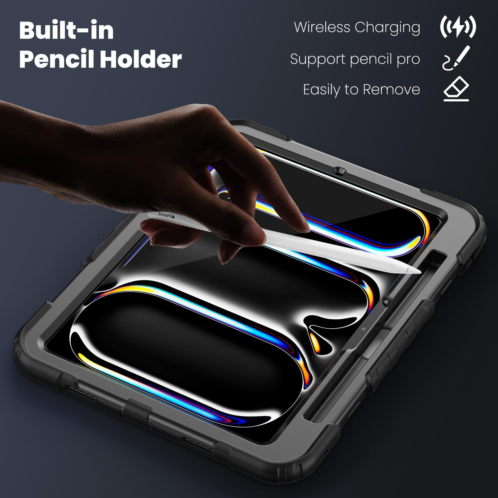 SEYMAC Funda para iPad Pro 11 Pulgadas M5/M4 2025/2024, Funda Resistente a Impactos con Protección para Pantalla, Soporte Giratorio 360°, Correa para el Hombro y Soporte para Lápiz, Negro