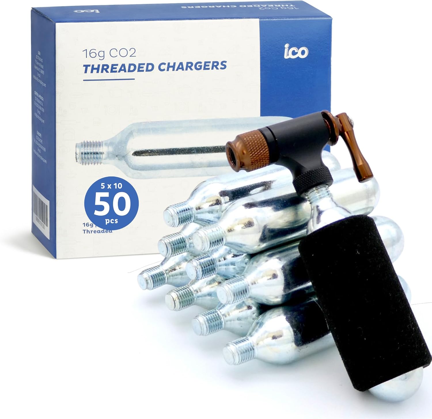 ICO 50pcs 16g Threaded CO2 Cartridges for Bike Tires with CO2 Inflator Bike Tire Pump for Mountain, Gravel and Road Bikes