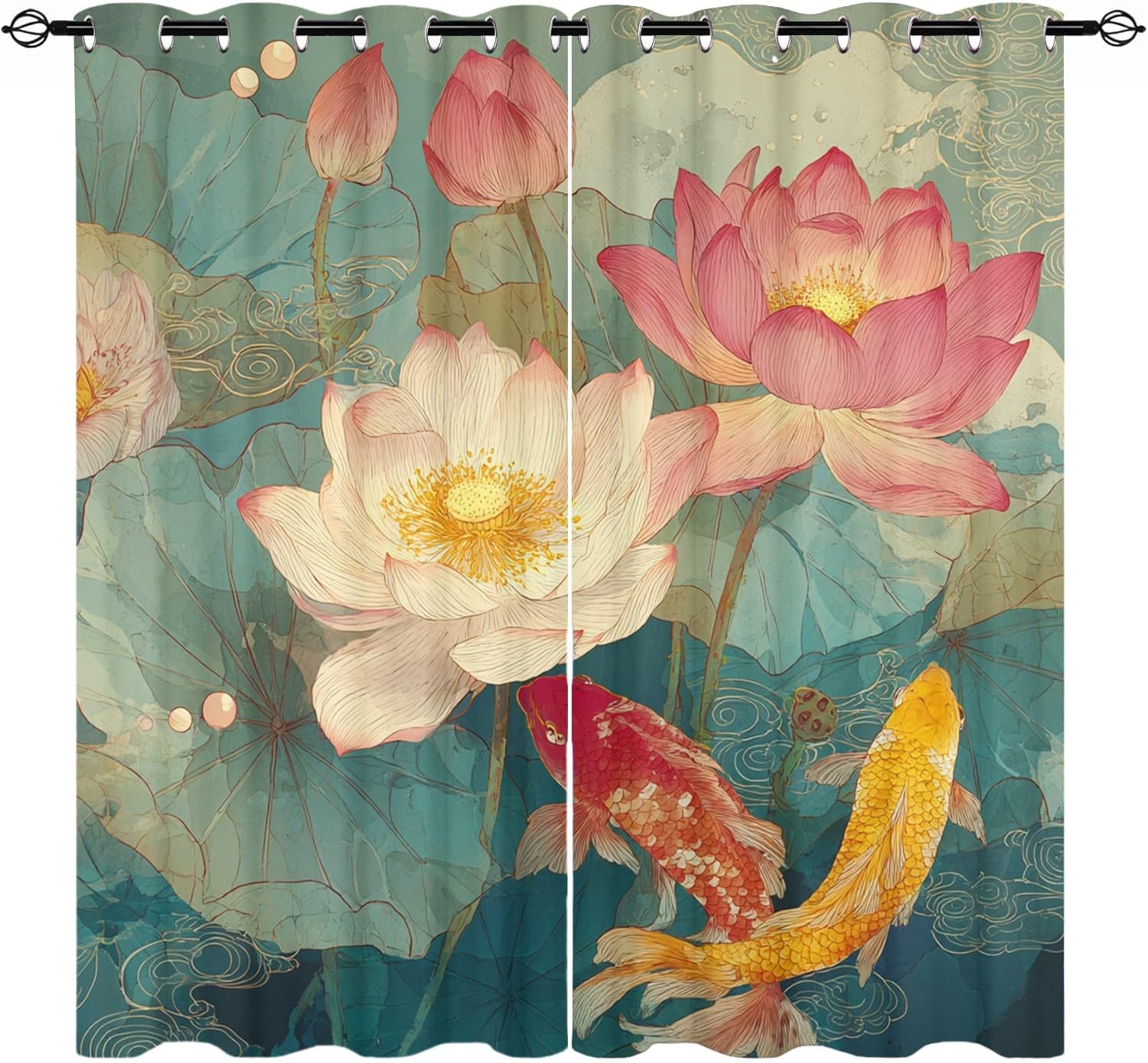 Rideaux occultants anti bruit et froid lot de 2 motif lotus vert pour chambre