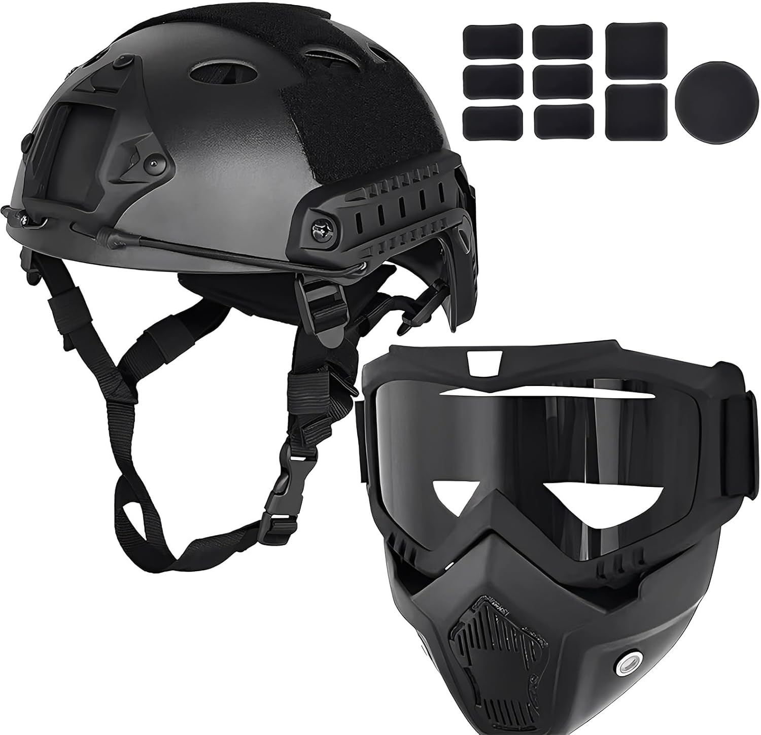 Black PJ Type Fast Tactical Airsoft Helmet with Adjustable Goggles & Full Face Mask - Paintball Airsoft Full Protection Gear for Tactical Shooting Wargames