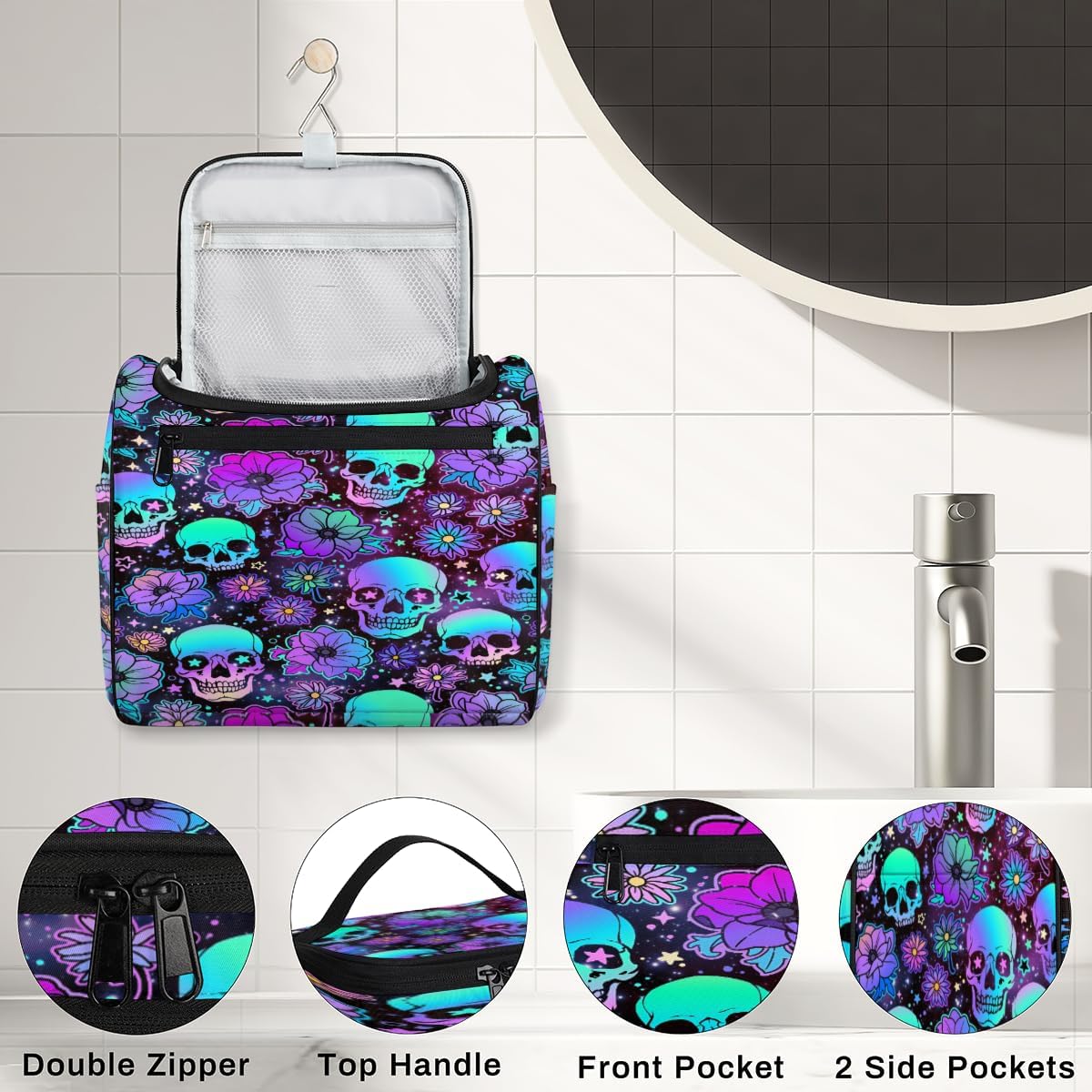 Toiletry Bag for Women, Colorful Skull Flower Universe Hanging Travel Toiletry Bag, Water-resistant Cosmetic Makeup Organizer for Toiletries and Cosmetics, Bathroom Shower Bag with Handle and Hook