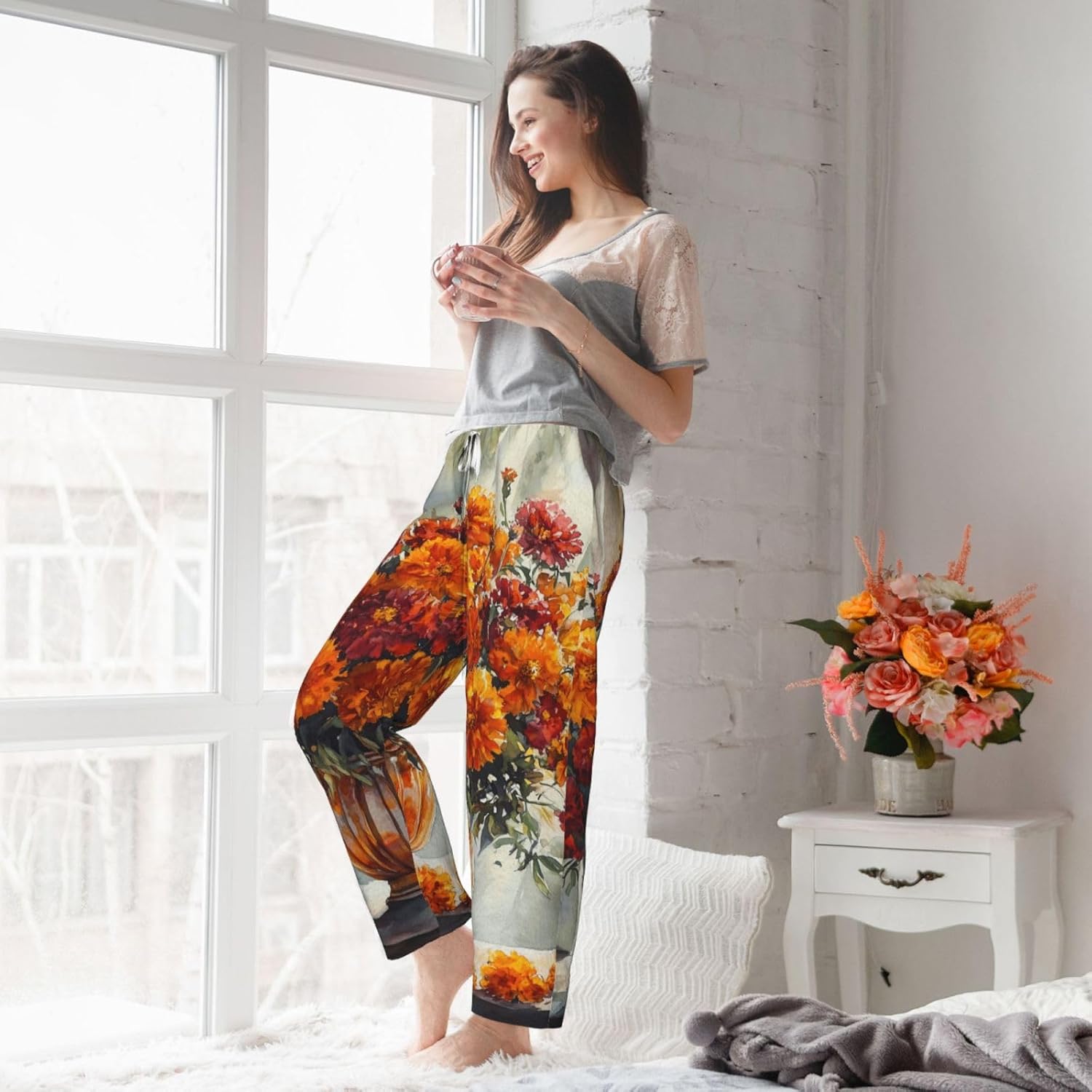 Women'S Marigold-In-Vase-Painting Fleece Pajama Pants, Cozy Flannel Lounge Bottoms For Women