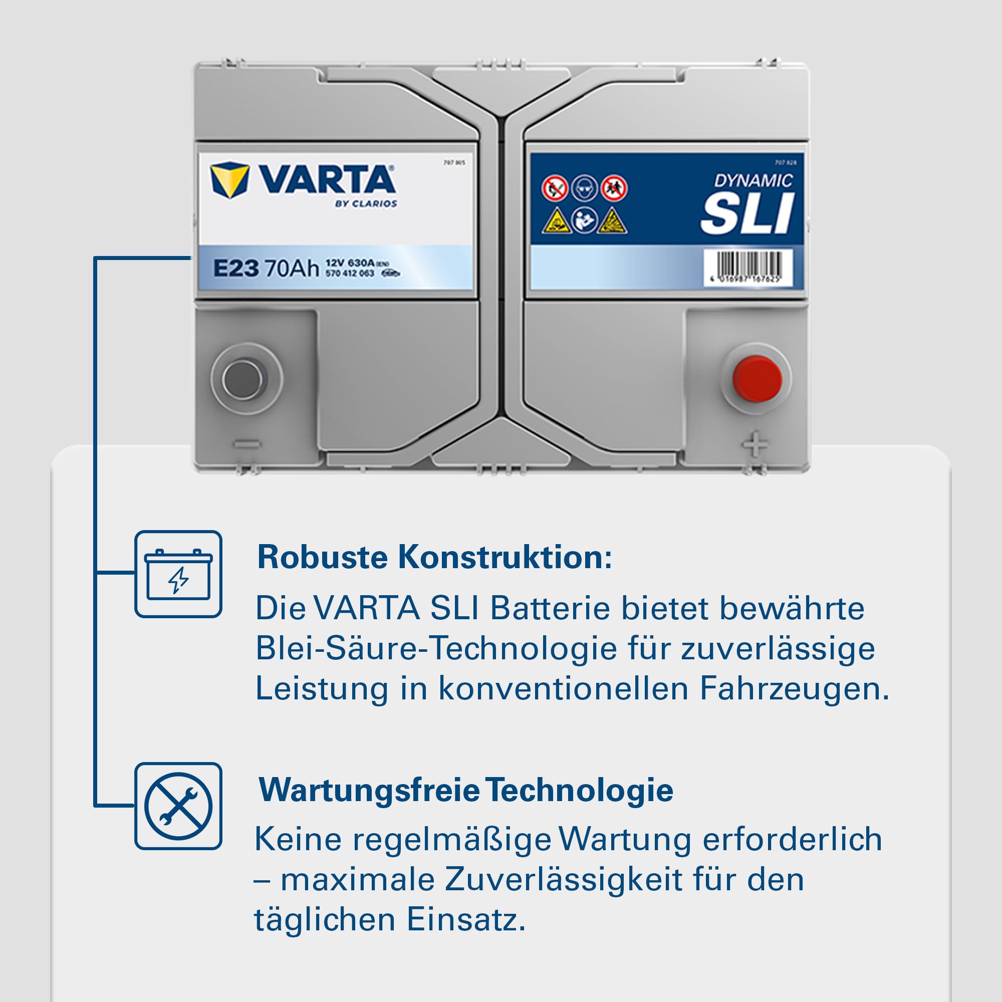 VARTA Automotive DYNAMIC SLI (E23) 12V 70Ah 630A - Nassbatterie KFZ mit Standardausstattung & ohne Start-Stopp System - Starterbatterie für einfachen Energiebedarf - Bleisäurebatterie wartungsfrei