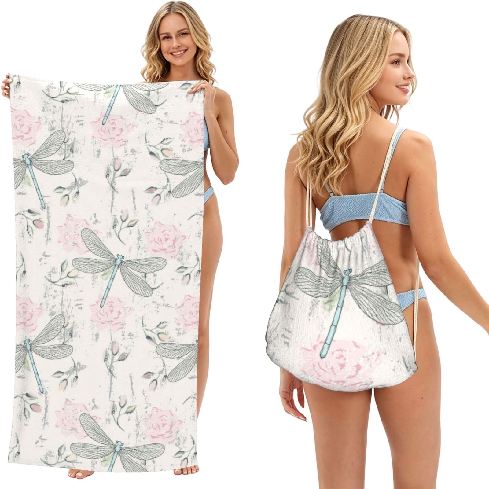 Poadnly As Picture Dragonfly Shabby Chic Roses Worn Old Vintage Floral, 2 In 1 Packable Towel Bag, Beach Towels With Drawstring Backpack For Travel Holiday Camping