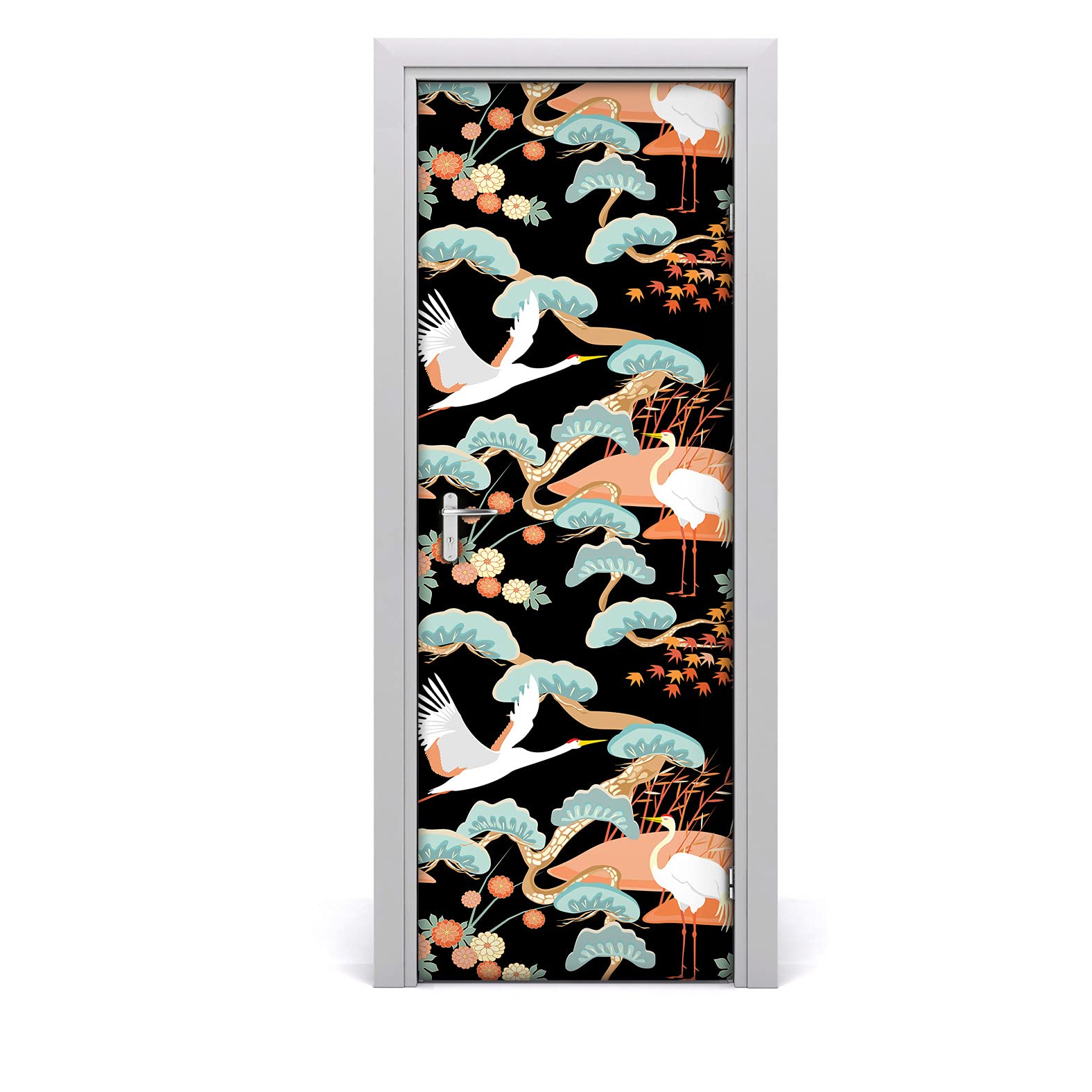 Vinilo para puerta 77x200 cm autoadhesivo e impermeable con diseño de grullas chinoiserie