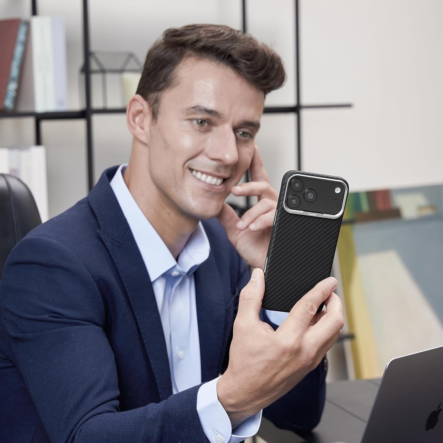 memumi Case for iPhone 17 Pro Aramid Fiber+Tempered Glass Screen Protector, Compatible with Mag Safe for iPhone 17 Pro Slim Case in Carbon Fiber Design, Black