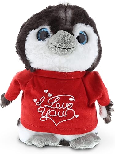 DolliBu Pingüino gris de peluche con texto en inglés "I Love You", bonito animal de peluche con camisa roja y nombre, regalo personalizado para el