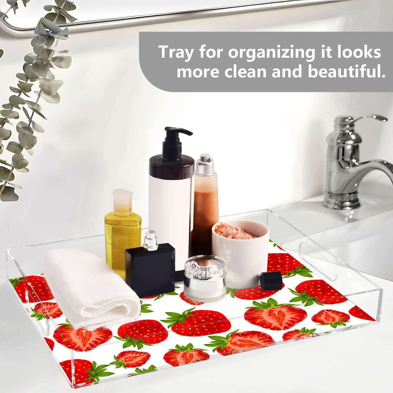 Bandeja transparente de acrílico para servir con asas, bandeja de desayuno de 12 x 16 pulgadas, bandeja de desayuno de acrílico orgánico para jardín, personalizado rojo fresa, bandejas transparentes