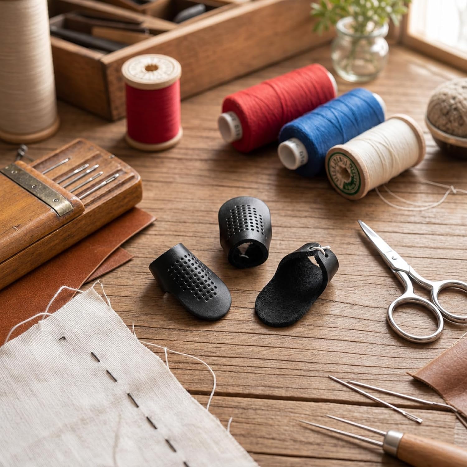 3PCS Leather Sashiko Thimble Set for Hand Sewing, Quilting and DIY