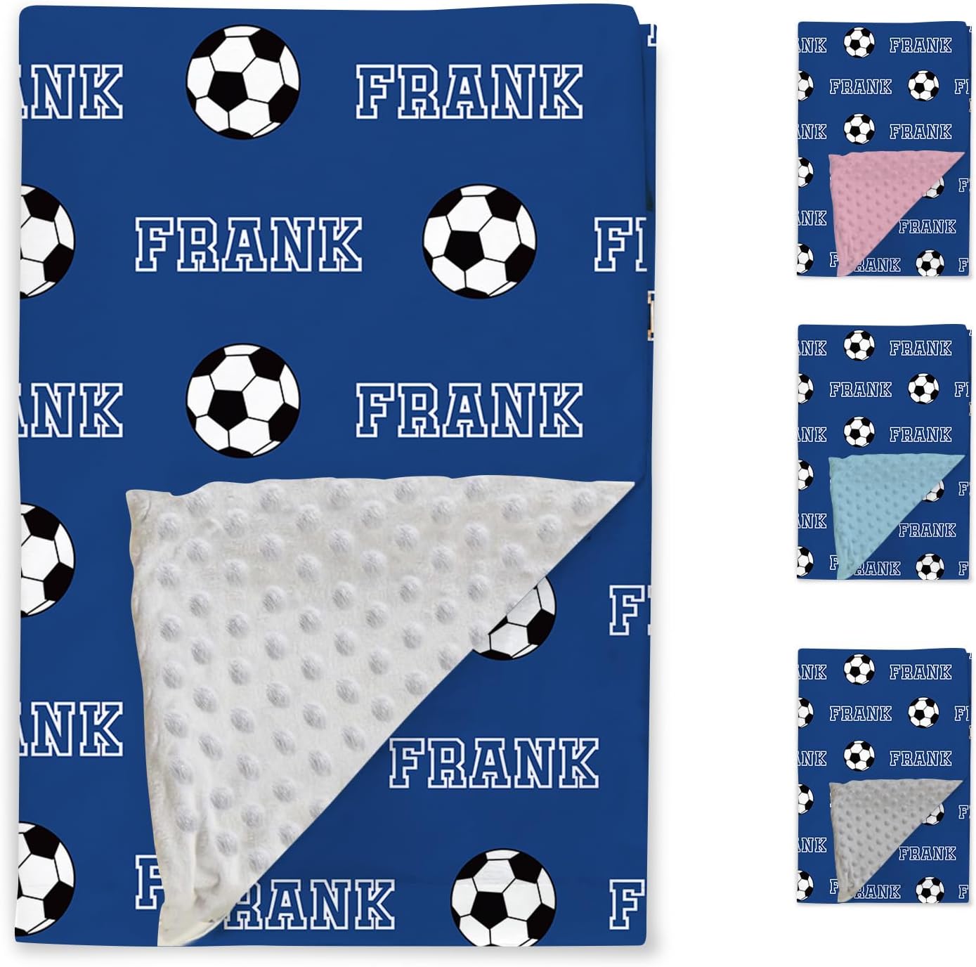 Custom Soccer Blanket, Personalized Name Blanket for Kids Teen Boys Girls Soccer Fans Gift, Soft Plush Flannel Throw Blankets with Double Layer Dotted Backing 14-Blue